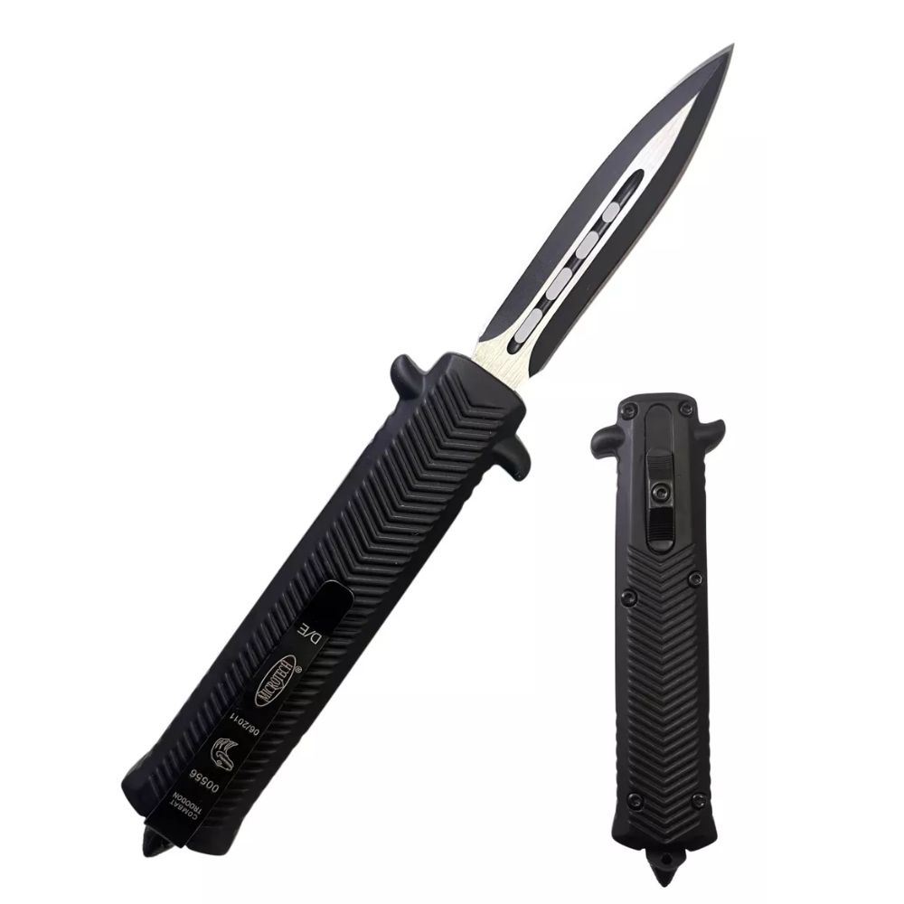Navaja Automática Táctica de Impulso Frontal Acero D2 Negra con Doble Acción, Mango Metálico Antideslizante y Funda Reforzada