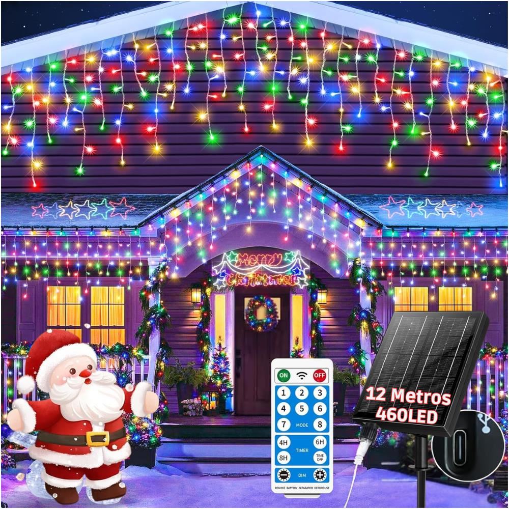 Luces Cascada Solares Multicolor con Sensor Automático Día/Noche, Control Remoto, 12 Metros y 460 LED para Decoración Exterior