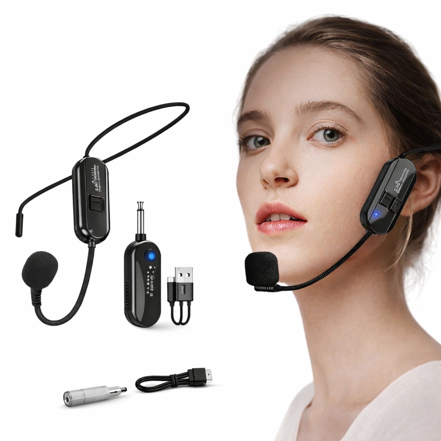 Micrófono Inalámbrico de Diadema 2.4G con Receptor, Compatible con Parlantes y Amplificadores