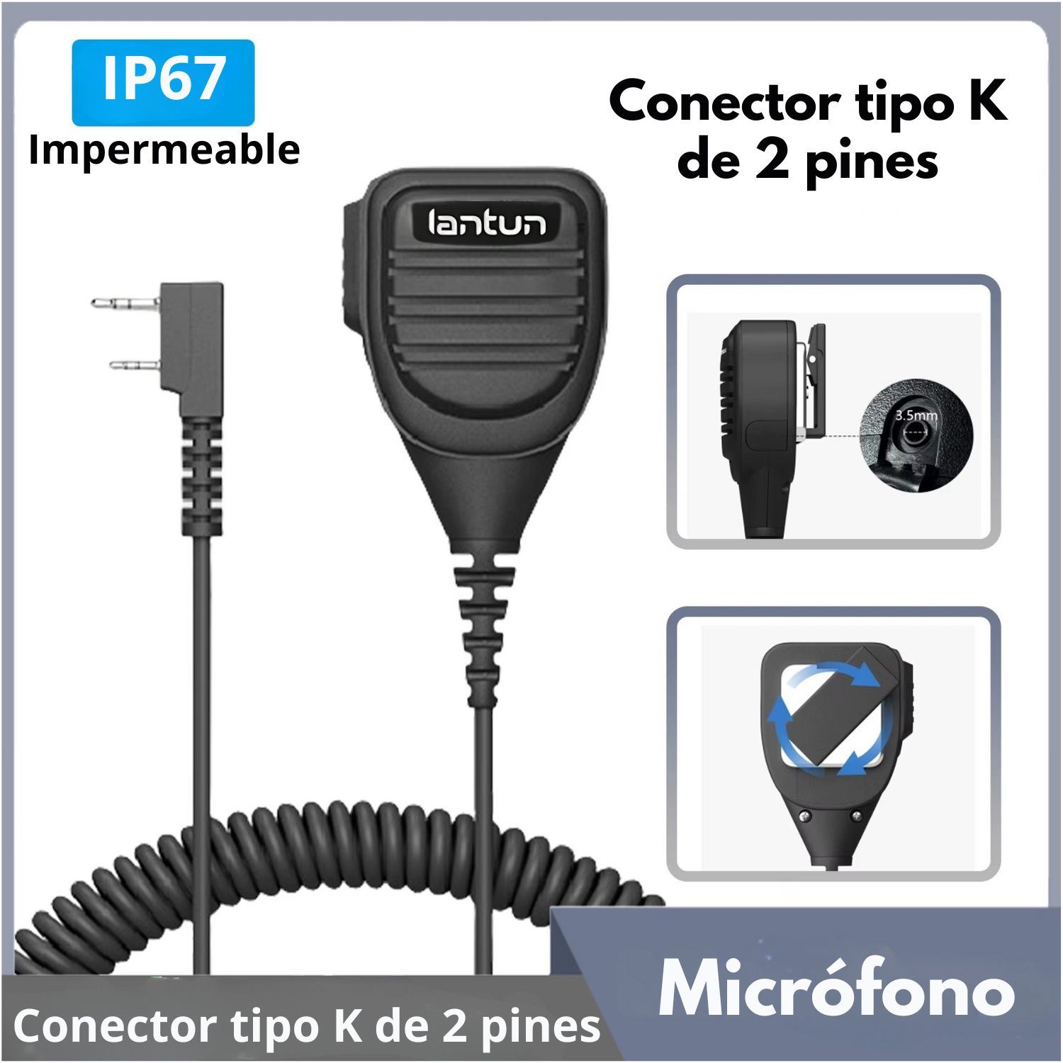 Micrófono de Mano para Radio Walkie Talkie con Sonido Claro, Cable Extensible y Clip Giratorio 360°