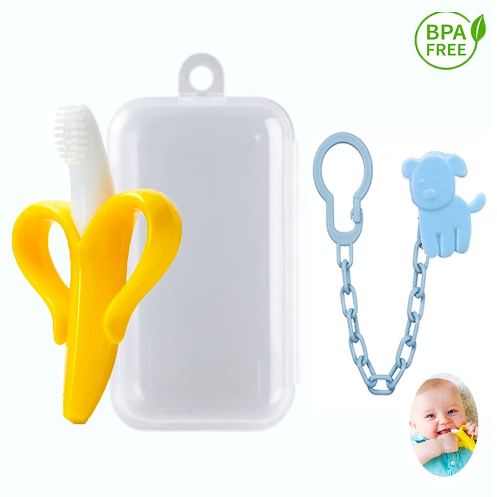Mordedor Banana Amarillo Con Cadena Baby Froggie Perrito Azul Para Bebe