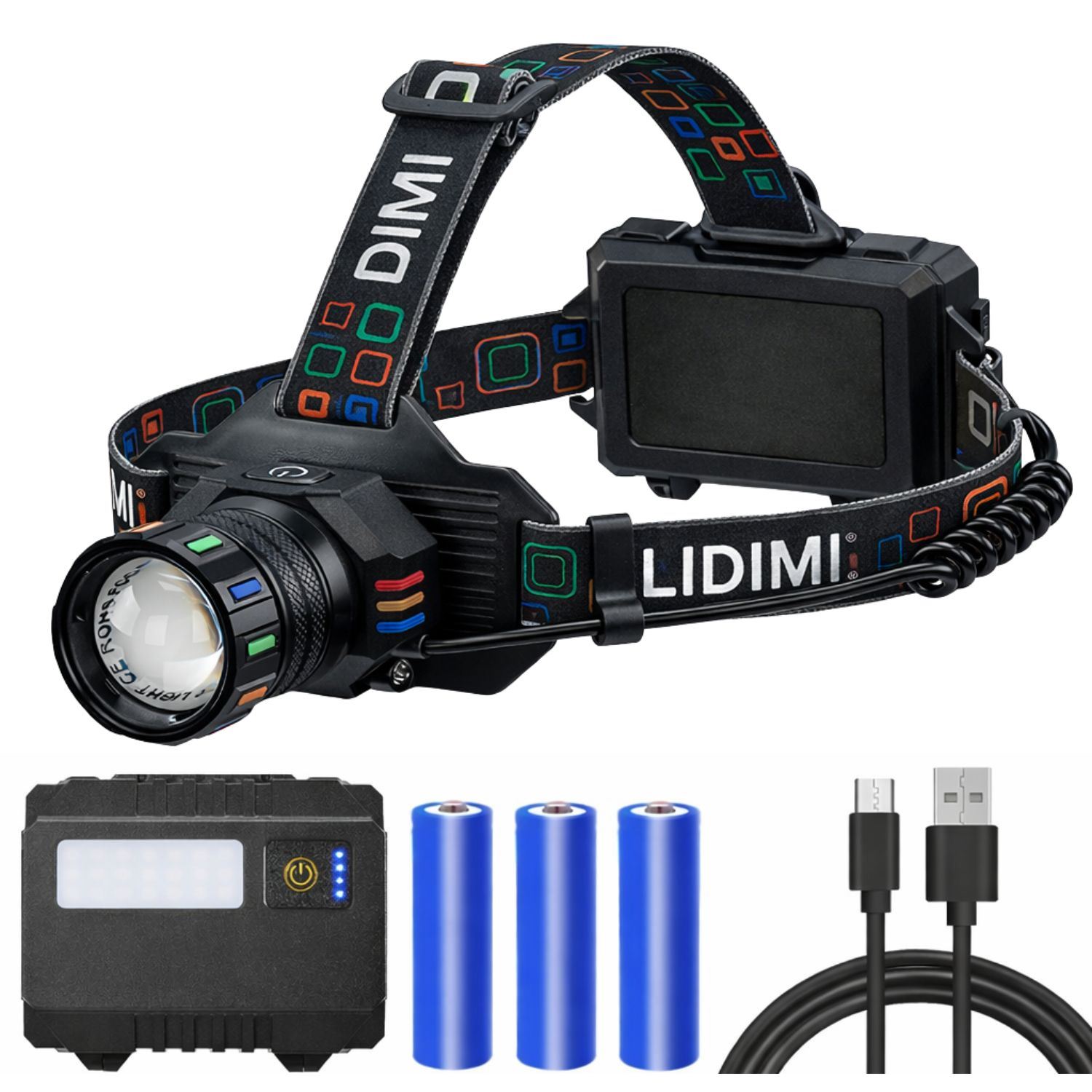 Linterna Frontal Recargable LED 2000Lm Zoom Telescópico USB-C Powerbank Luz Roja Trasera