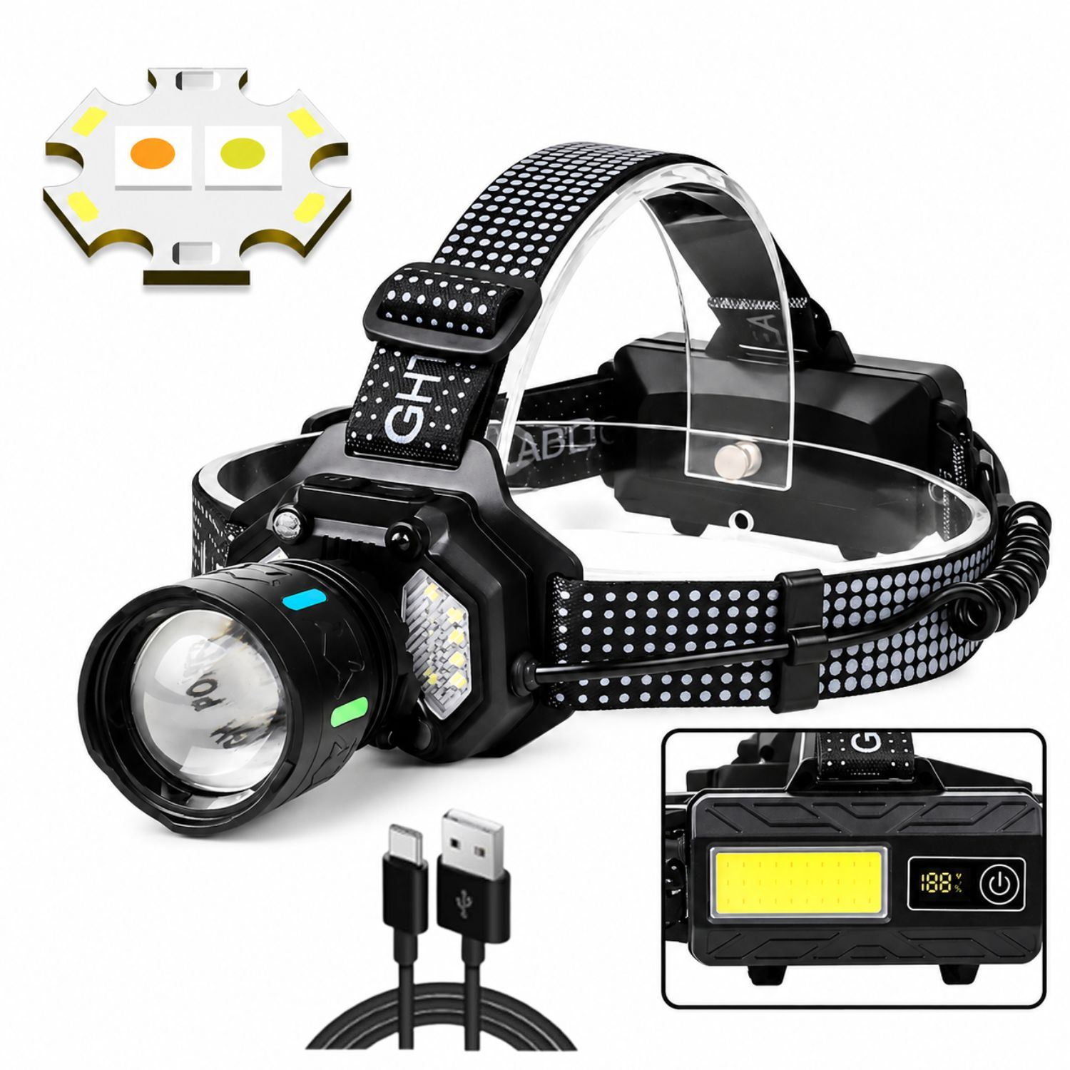 Linterna De Cabeza LED Profesional Con Luz Blanca Amarilla Pantalla Digital Y Sensor De Movimiento