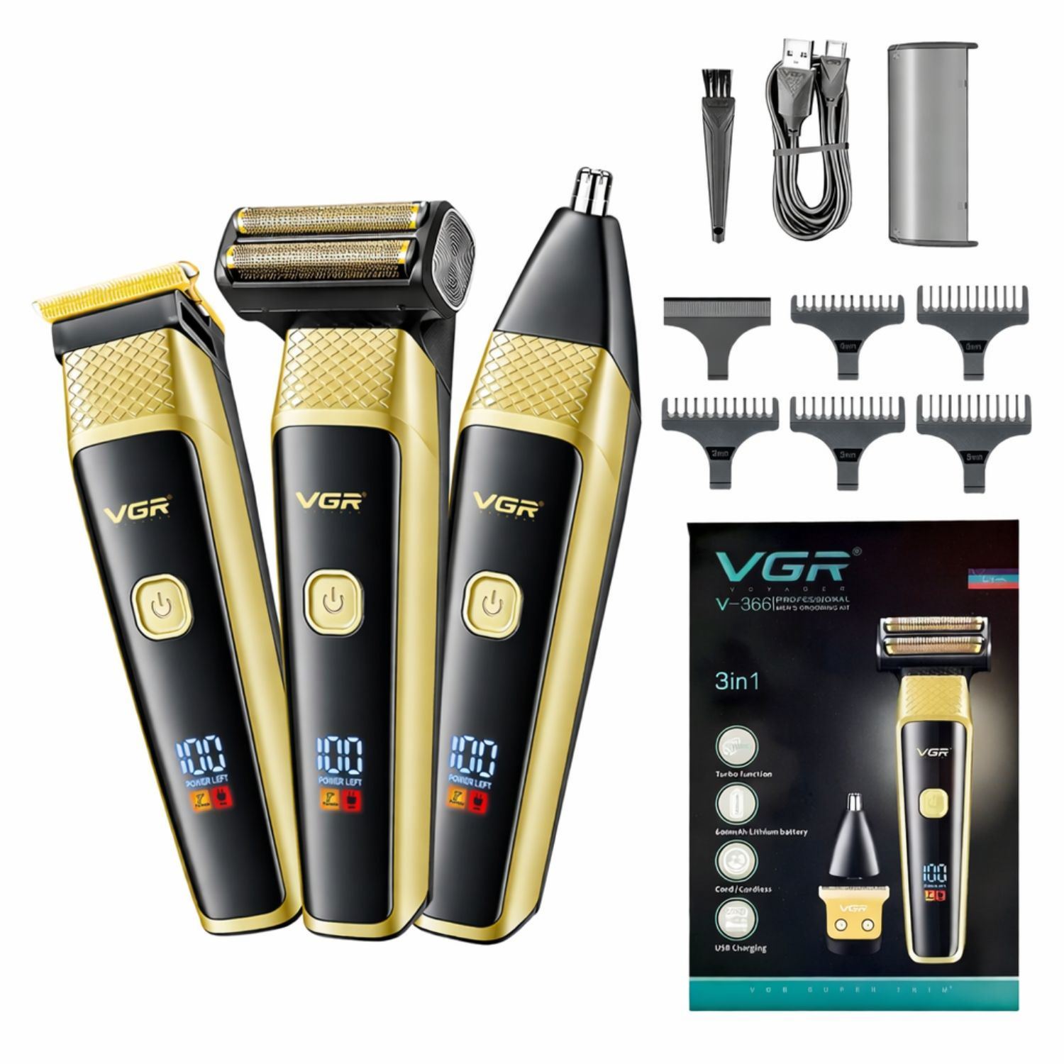 Máquina Corta Pelo Barba Nariz 3 en 1 Recargable con Turbo y Peines Guía