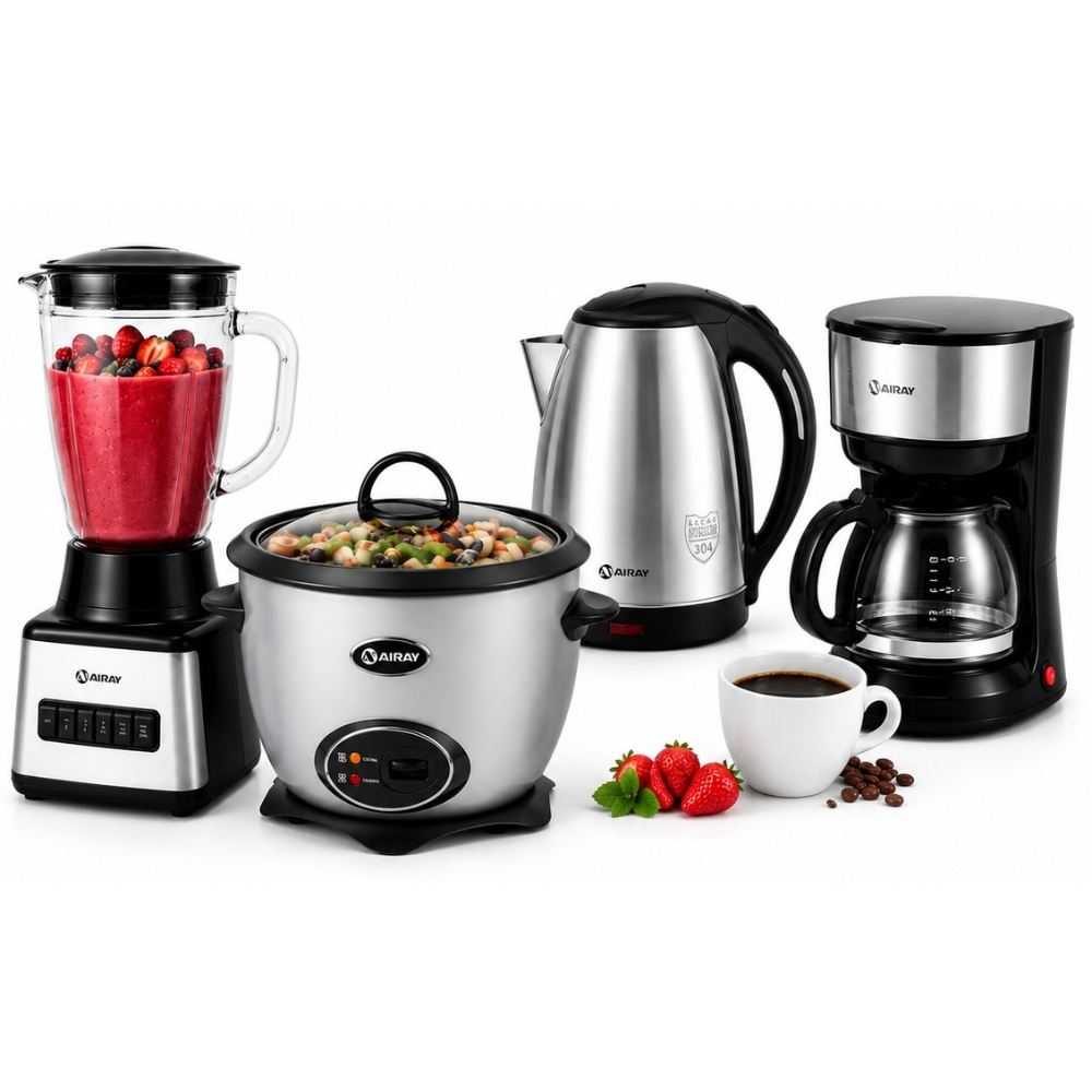Combo Miray Olla Arrocera Gris 1.5L + Licuadora 1.5L + Hervidor 1.8 Litros Plata + Cafetera 6 Tazas