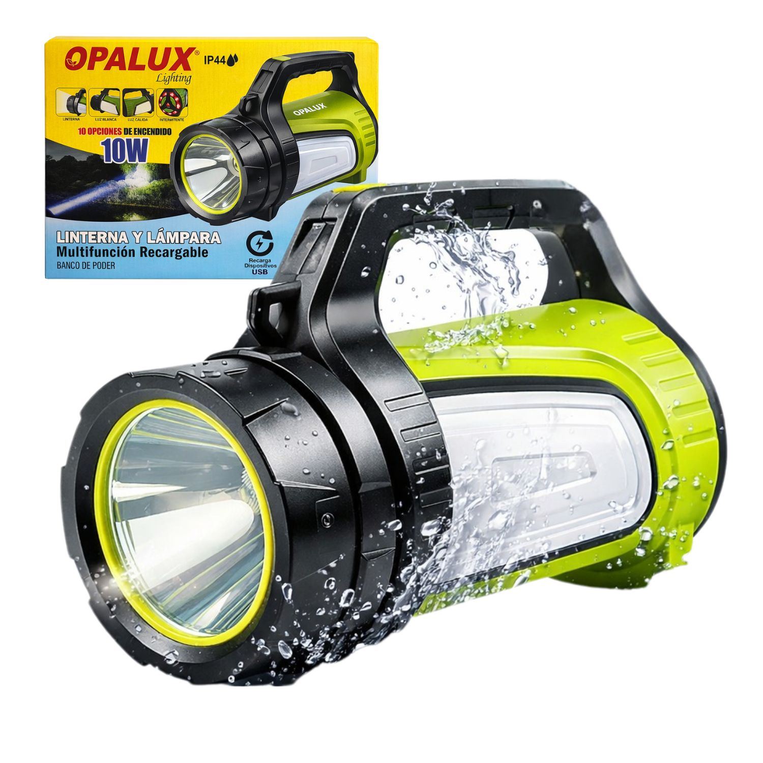 Linterna LED Recargable Multifunción para Camping con Luz Frontal, Lateral Blanca y Cálida, Power Bank USB y SOS