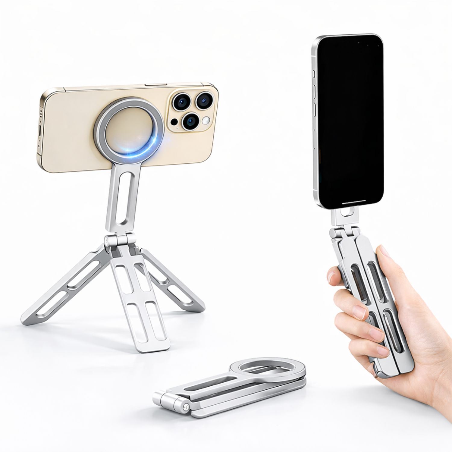 Trípode Magnético para Celular Magsafe Soporte Selfie Plegable de Aluminio con Aro Magnético Compatible iPhone y Android