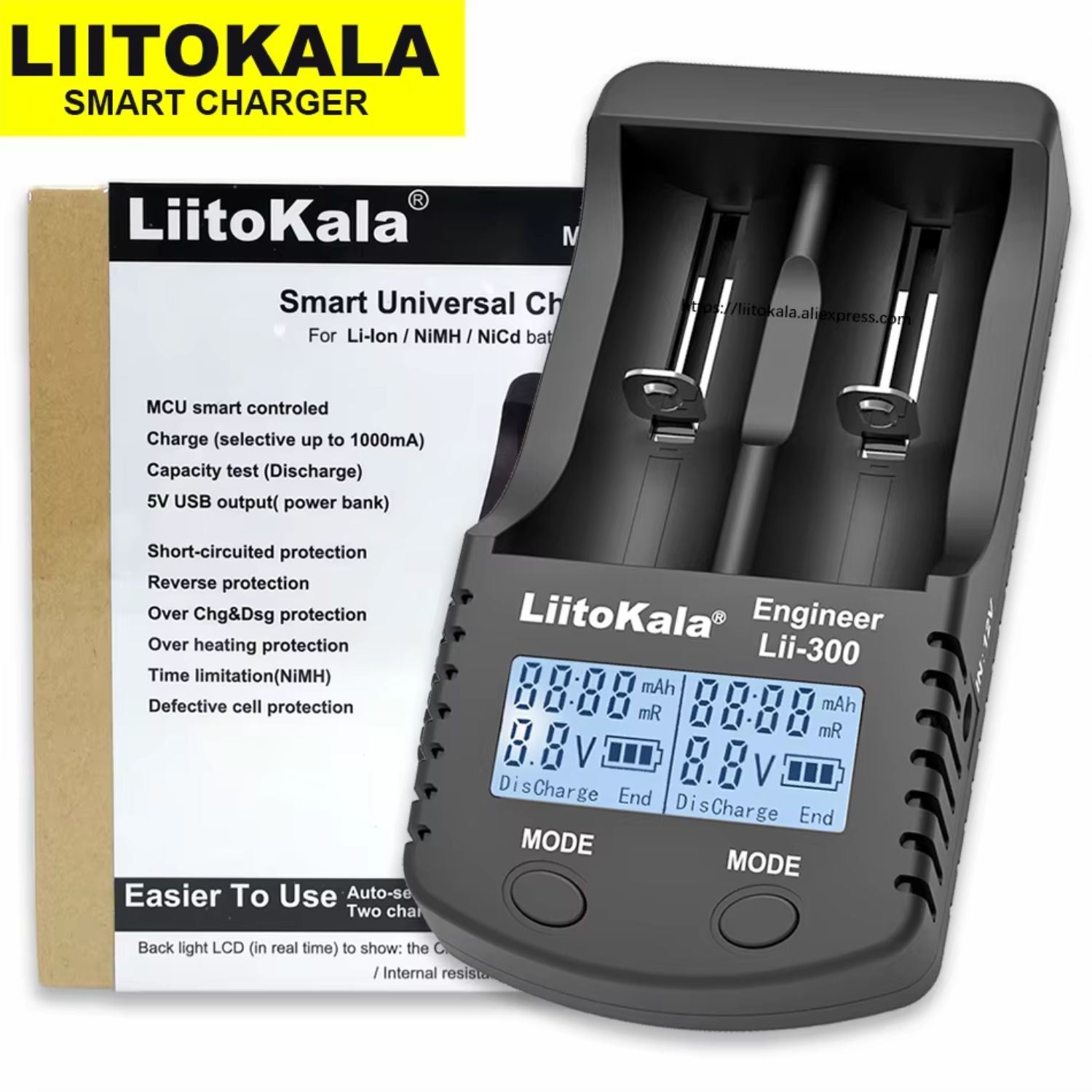 Cargador Inteligente LiitoKala Lii-300 Para Baterías 26650, 21700, 18650, AA, AAA con Pantalla LED y Carga Rápida