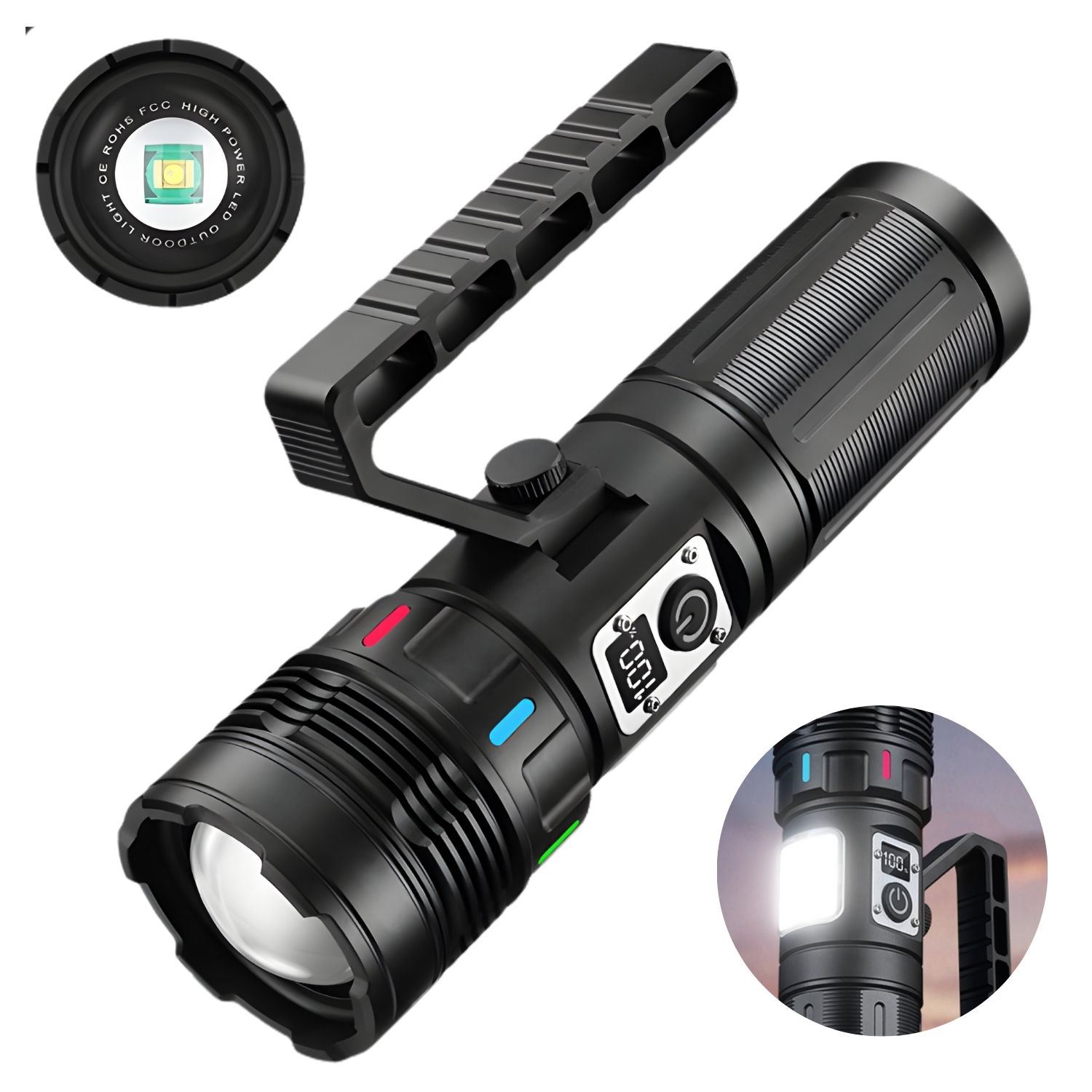 Linterna Táctica Profesional Lidimi LD-L1558A 50W, 2000m de Alcance, Luz Lateral COB, Zoom, Power Bank y Pantalla Digital