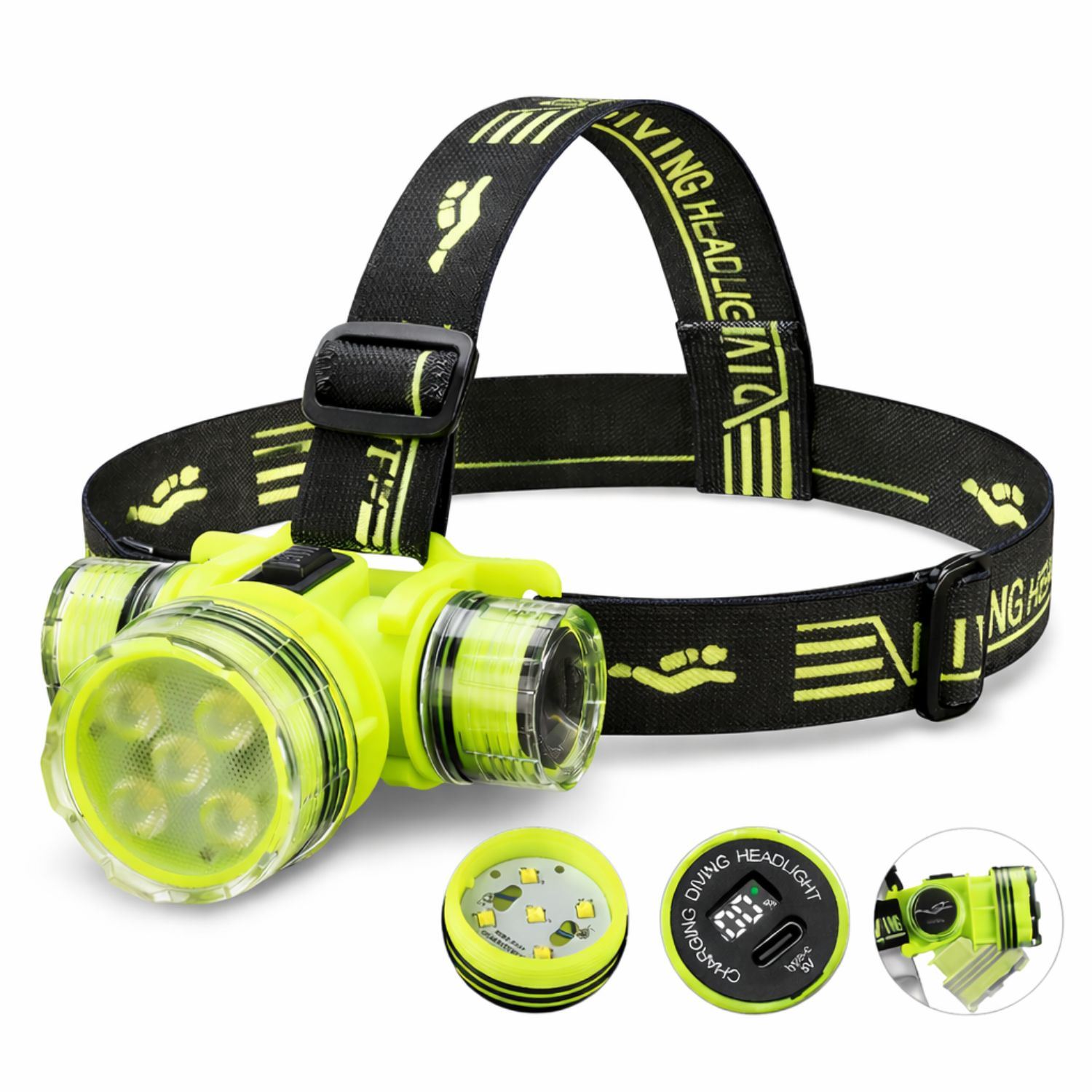 Linterna Buceo Frontal Recargable USB C IPX8 Sumergible 10W Alcance 30 Metros Para Pesca Submarina