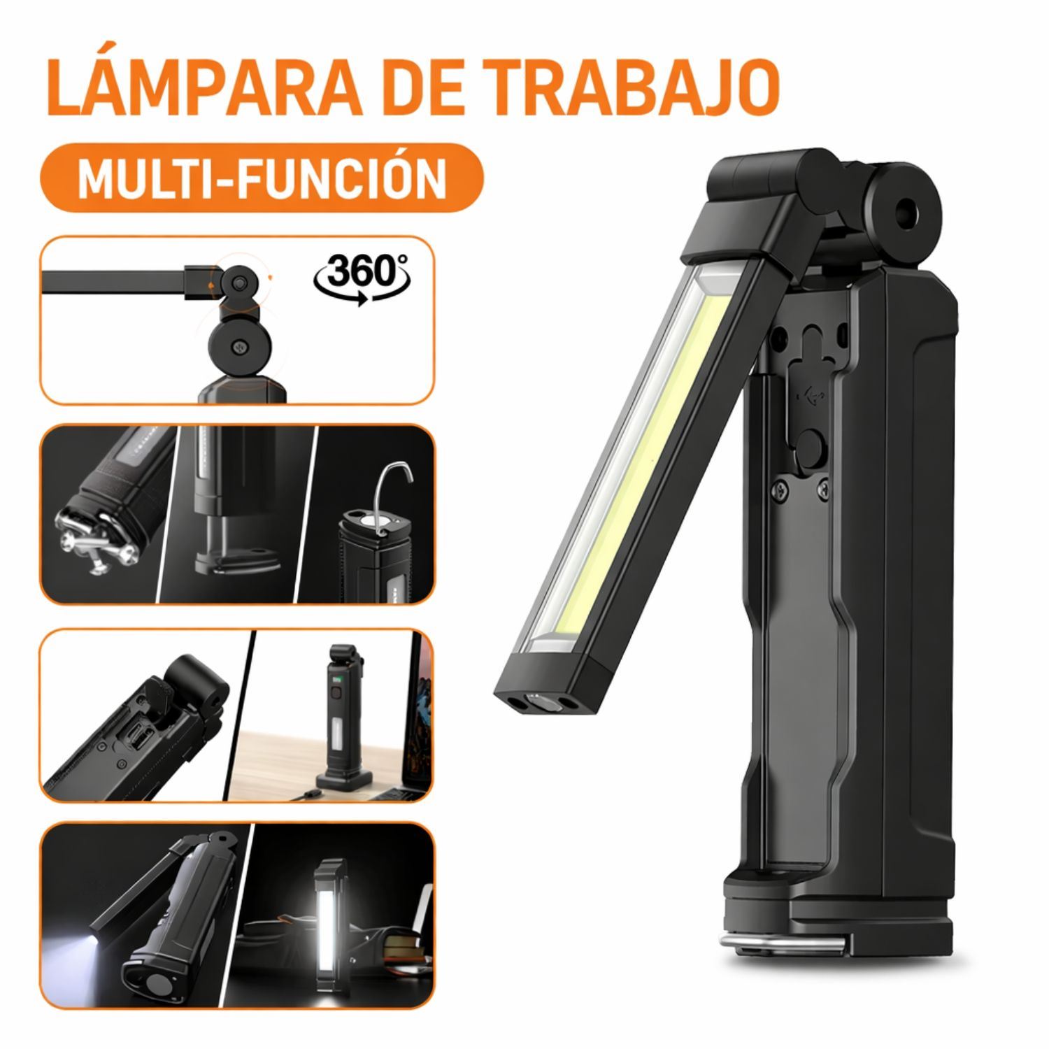 Linterna de Trabajo COB 800 Lúmenes Recargable USB Tipo C con Imán Base Magnética y Batería 18650 Extraíble