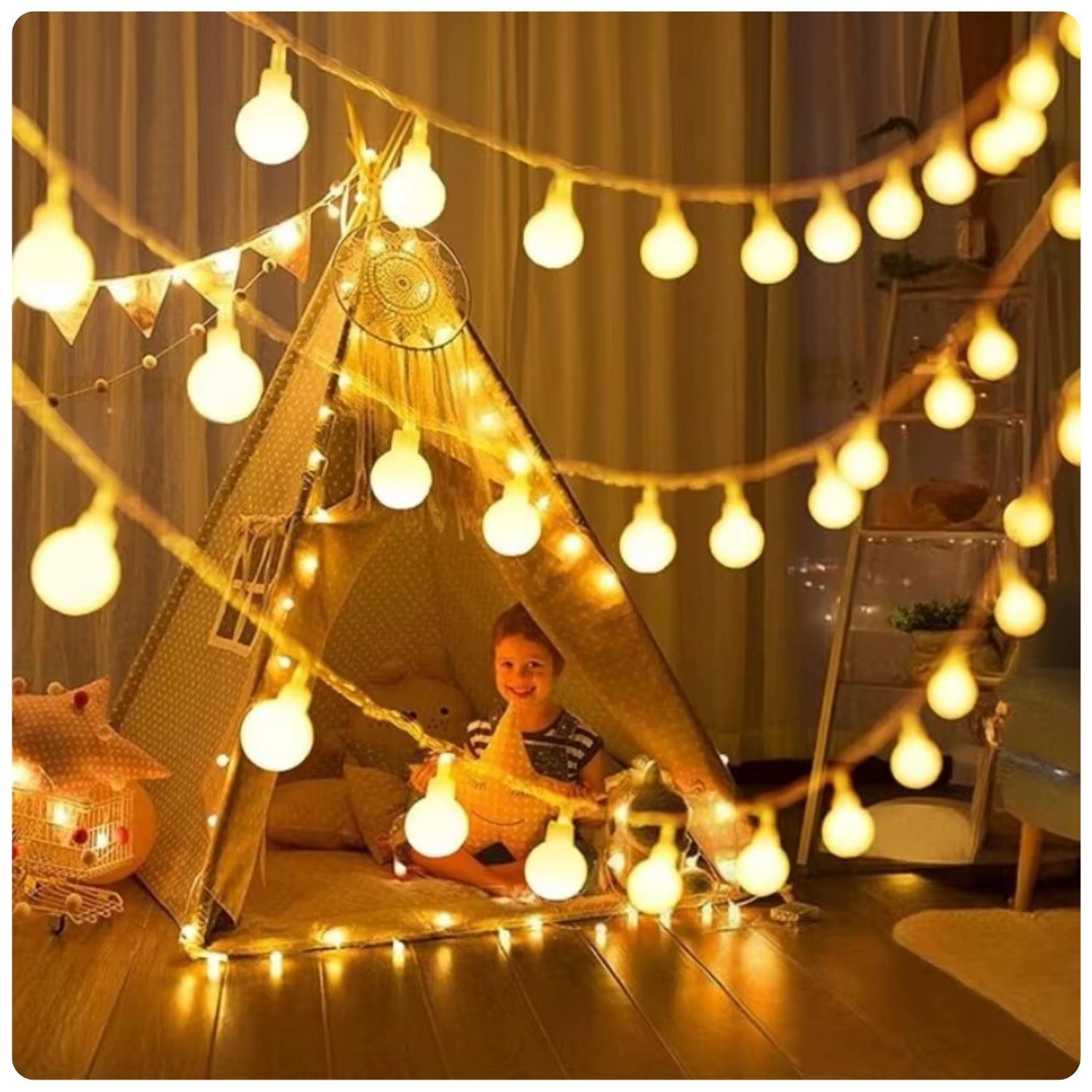 Guirnalda LED 16 Metros 200 Luces Cálidas Tipo Bolita Cable Transparente 220V Para Decoración Interior Exterior