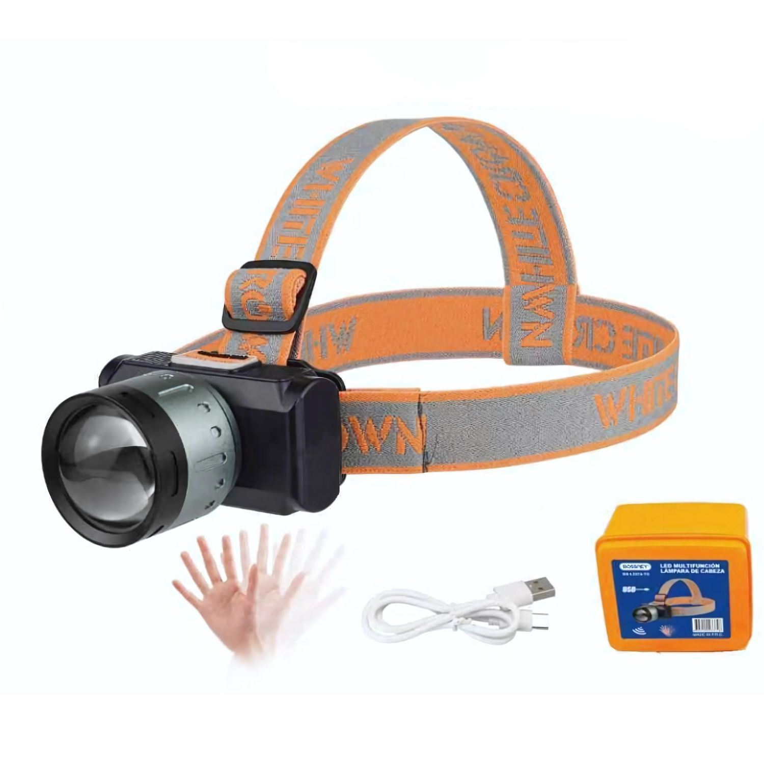 Linterna de Cabeza LED Bossney BS-L3374-TG Recargable USB-C 4000mAh con Zoom Ajustable, Pantalla Digital y Sensor de Gestos