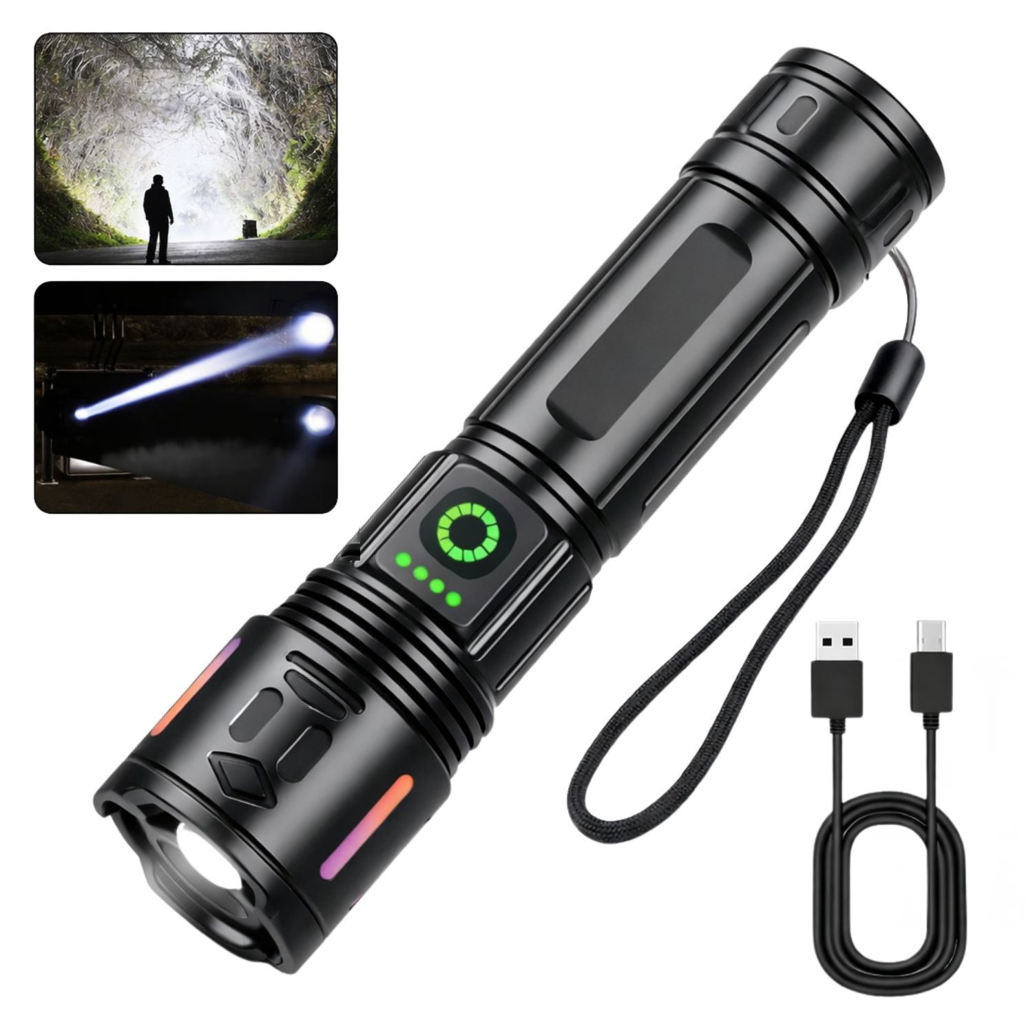 Linterna Táctica Recargable USB C 30W LED Alto Brillo Largo Alcance con Indicador de Batería y Zoom Ajustable