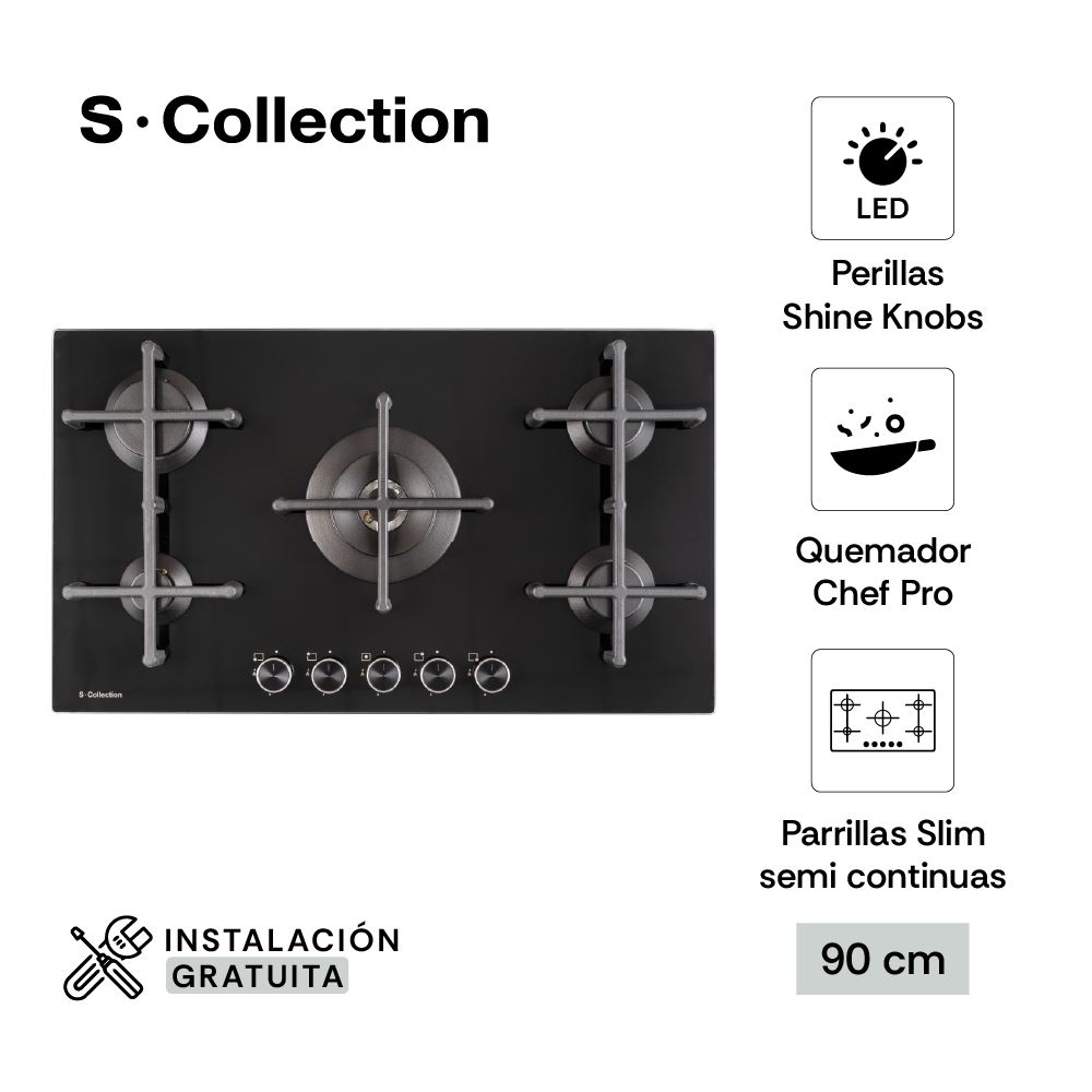 Encimera S-Collection PureBlack Vidrio Templado a Gas Smart Connected 90cm