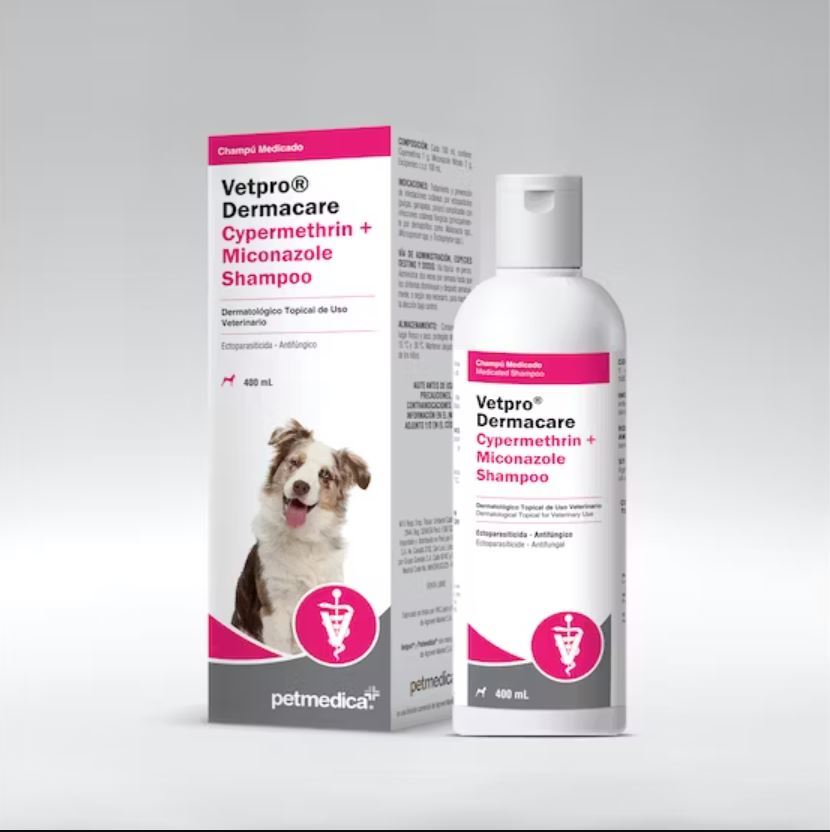 SHAMPOO PARA PERROS Y GATOS VETPRO DERMACA CYPERMETHRIN + MICONAZOLE X 400ML