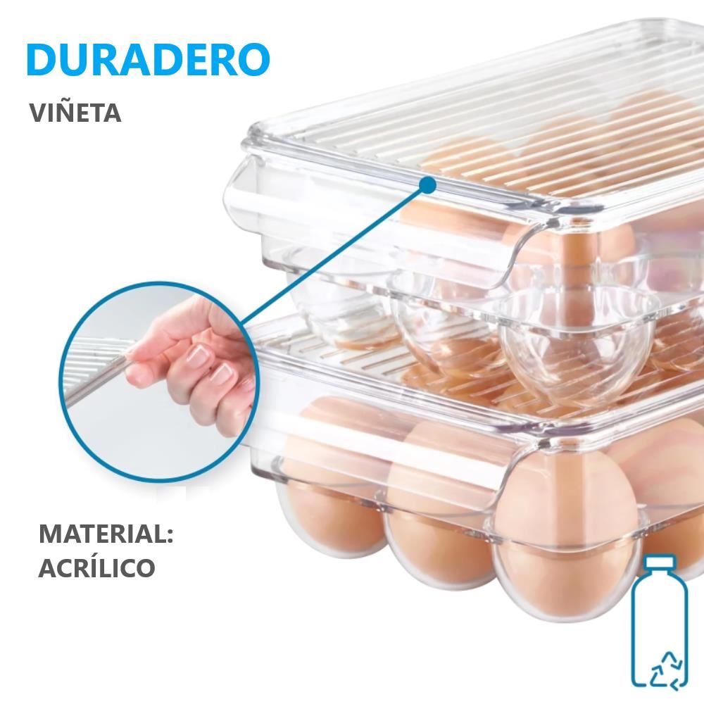 Pack x2 Organizador dispensador de acrílico para huevos 15 espacios - transparente