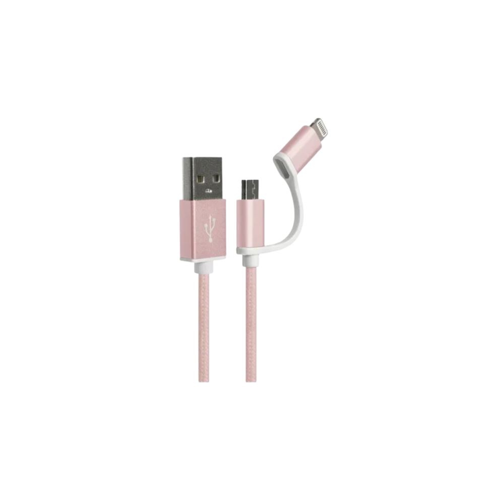 CABLE KX 2 IN 1 - APPLE LIGHTNING & MICROUSB TO USB-A. 2.4A. BRAIDED MFI CERTIFIED. 3.2FT/1M ROSE GOLD/WHITE