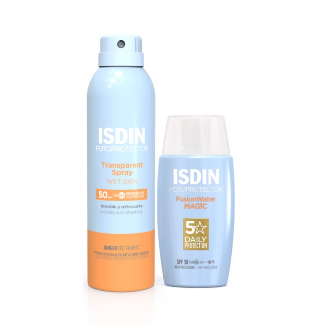 SET ISDIN FOTOPROTECCIÓN CUERPO Y ROSTRO: FUSION WATER MAGIC SPF50 50ML + TRANSPARENT SPRAY WET SKIN SPF50 250ML