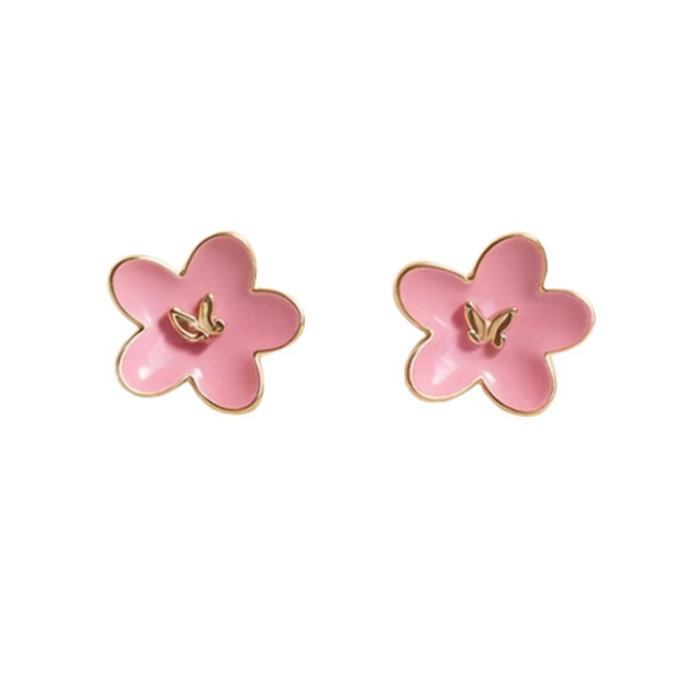 ARETES FLOR ROSA CON DETALLE DORADO