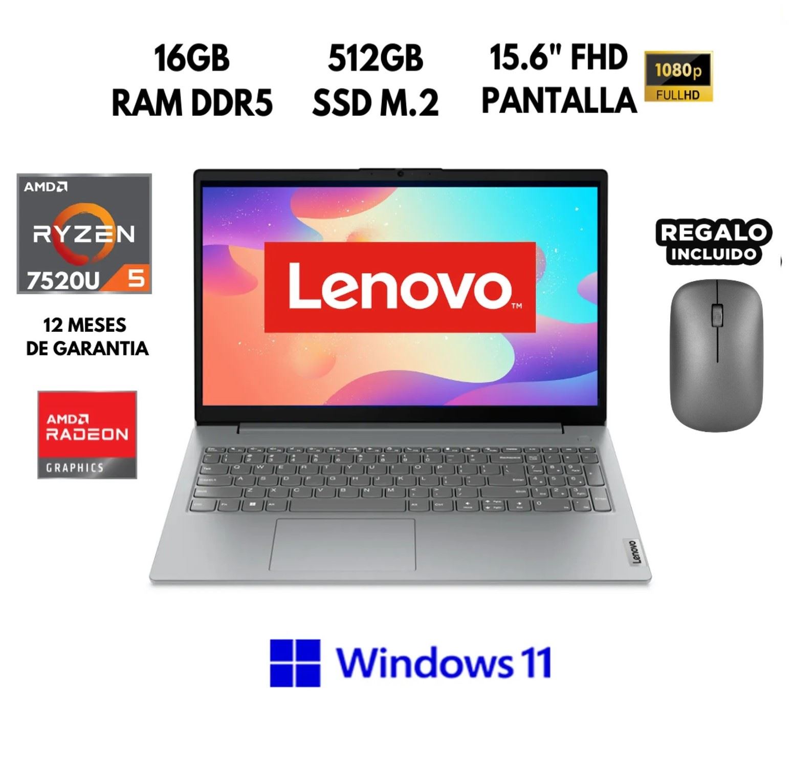 LAPTOP LENOVO V15 G4 AMN AMD RYZEN 5-7520U 16GB RAM 512GB SSD 156 FHD Windows 11 + Mouse