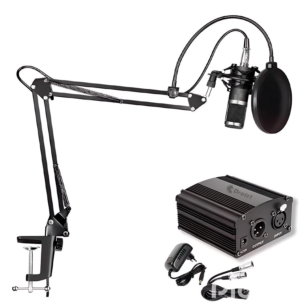 Combo Micrófono BM 800 Dreizt profesional Negro y Phantom power Dreizt para Stream y estudio
