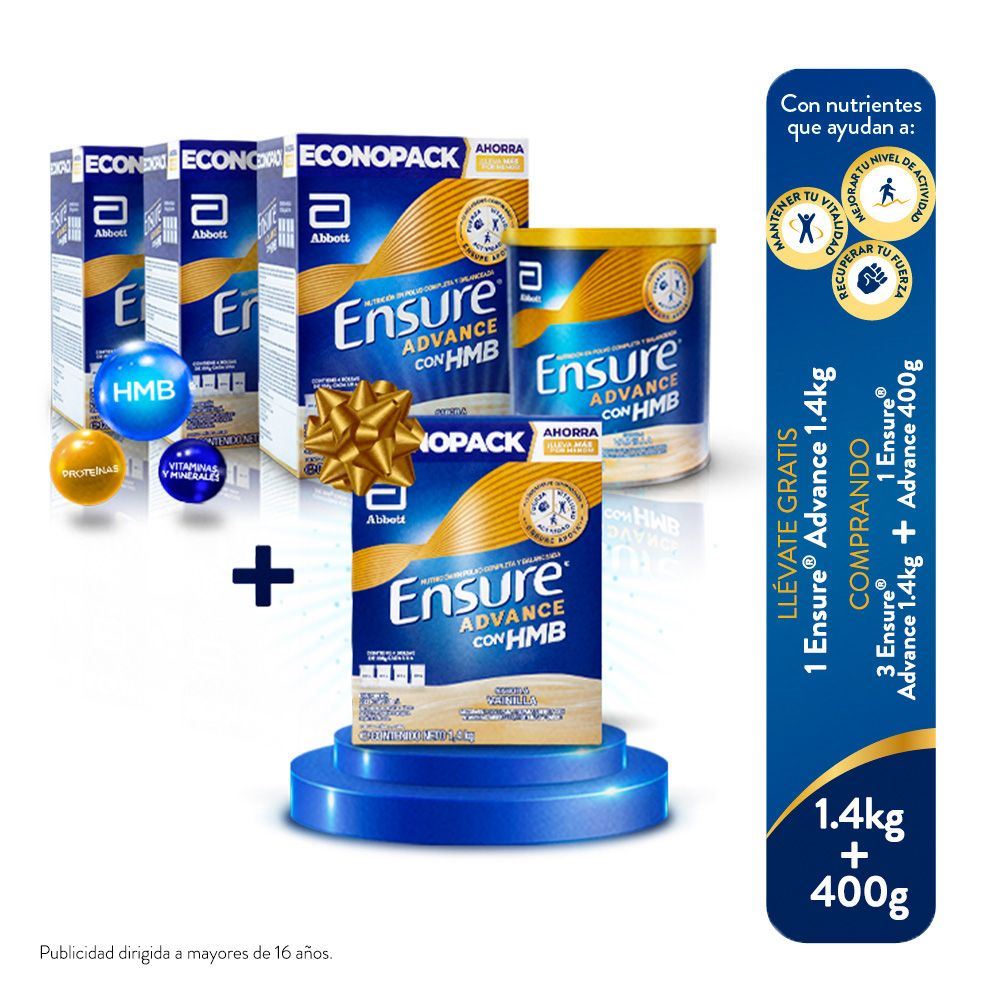 Pack 03 Ensure Advance HMB 1.4 Kg + 01 Ensure Advance HMB 400G + regalo