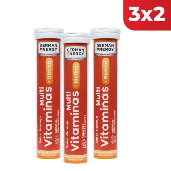 3x2 Multivitaminas + Biotina German Energy Sabor Naranja - Tubo 20 UN
