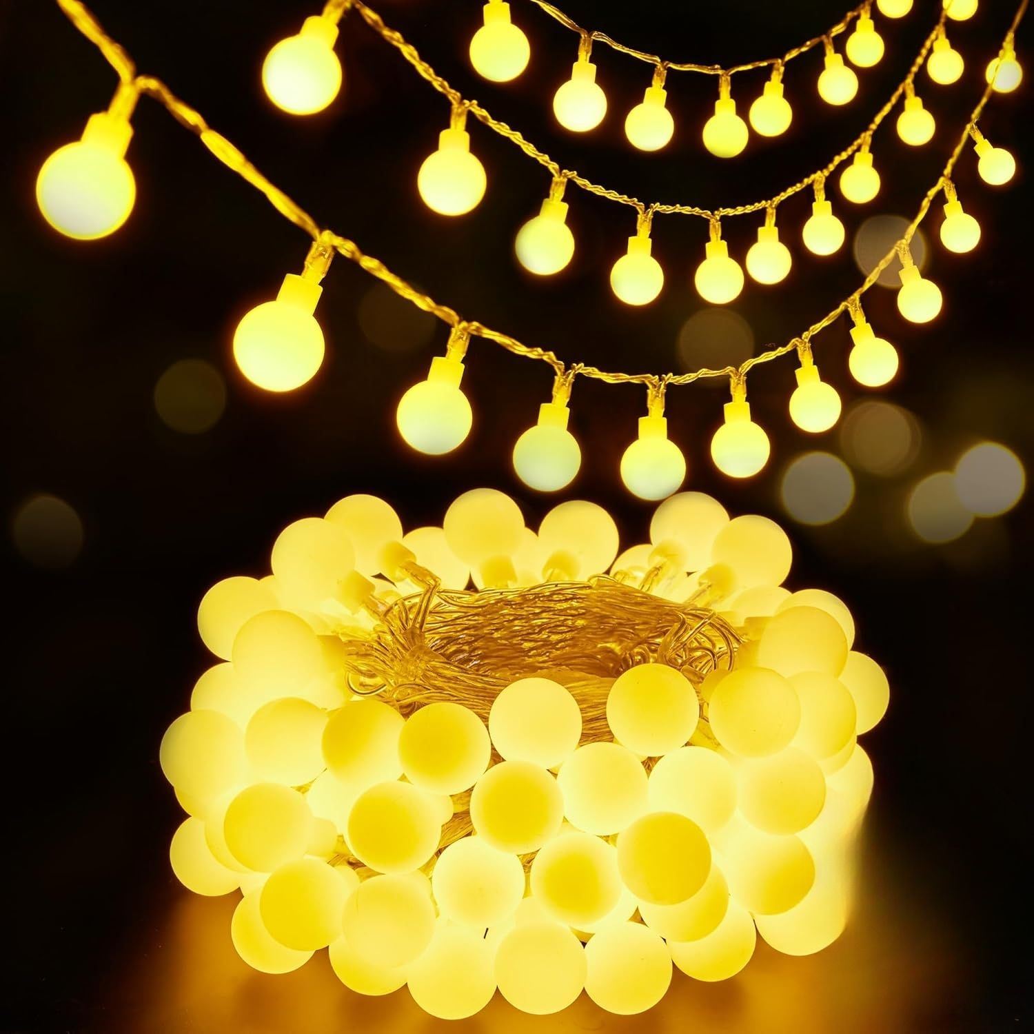 Guirnalda LED 9m con 100 Luces Cálidas IP44, 8 Modos y Cable Transparente, Conexión en Serie para Navidad, Hogar y Exterior