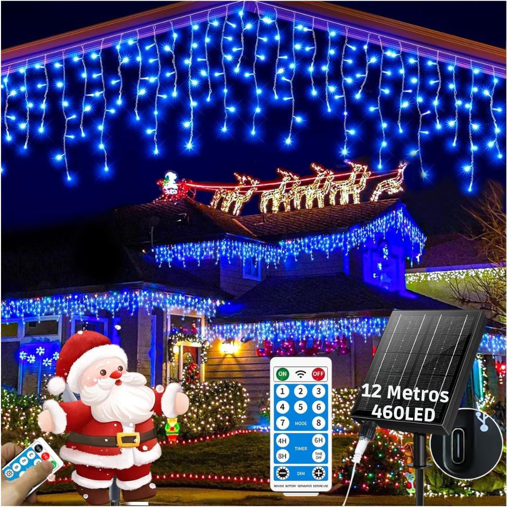 Luces LED Solares Azul 12 Metros Tipo Cascada, Impermeables IP44, Decorativas para Jardines y Balcones