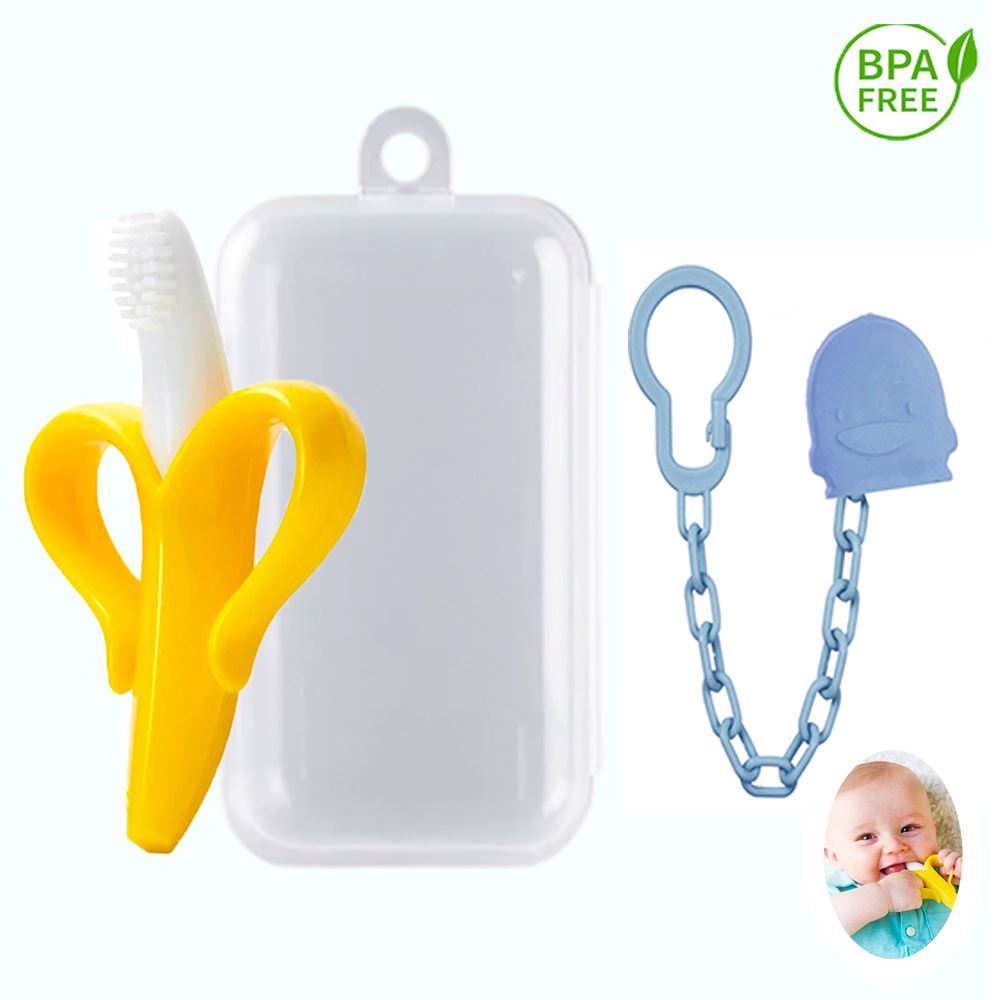 Mordedor Banana Amarillo Con Cadena Baby Froggie Ornitorrinco Azul Para Bebe