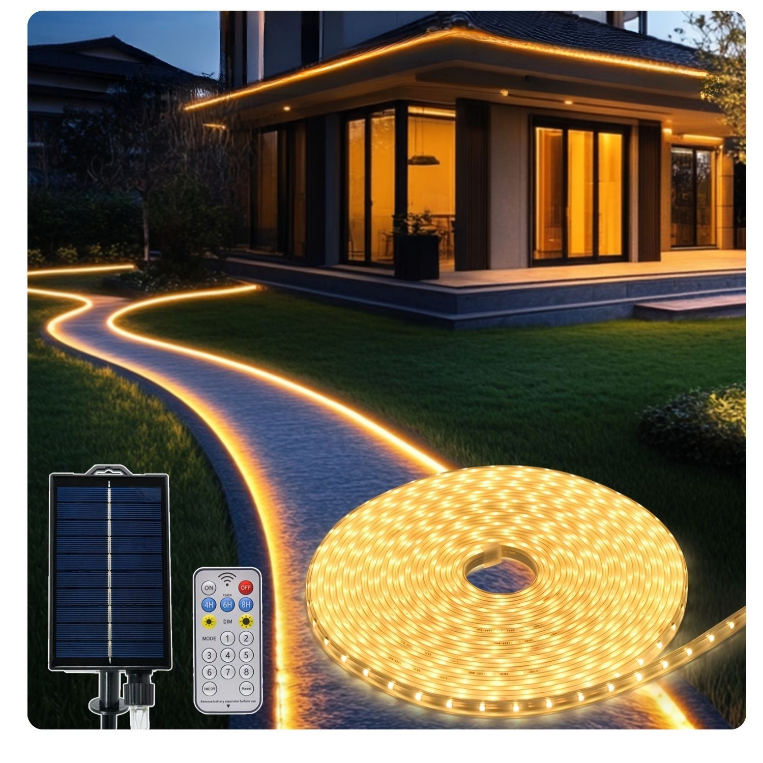 Tira de Luces Solares Tipo Manguera 20M 1280 LED IP68 con Control Remoto, Temporizador y Batería 3600mAh