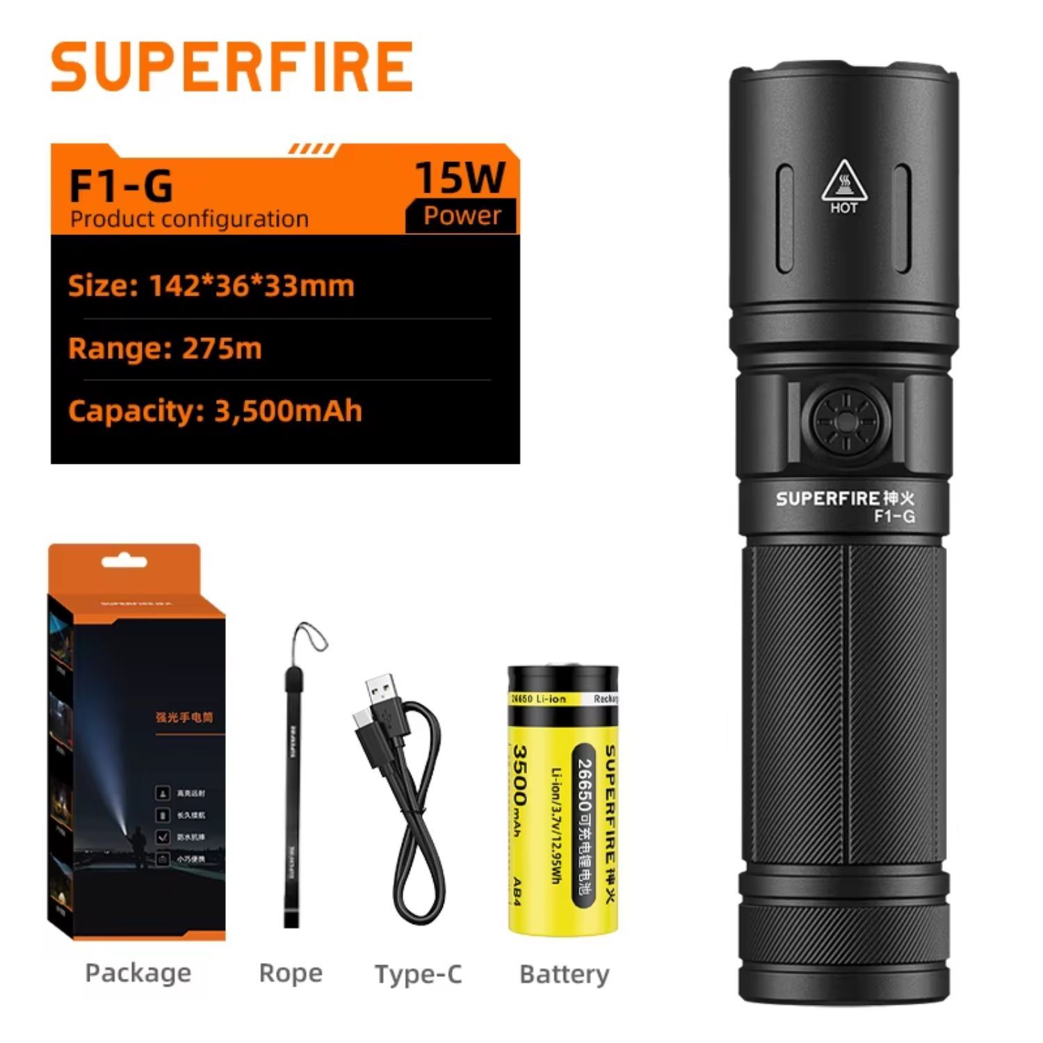 Linterna Táctica Recargable 1100lm USB-C Zoom Alta Potencia Luz Camping Emergencias Outdoor