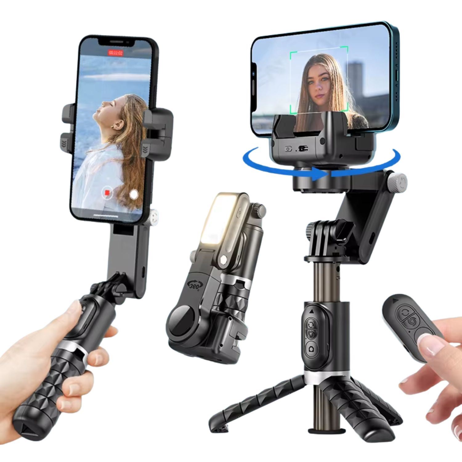 Estabilizador 7 en 1 con Trípode, Selfie Stick, Seguimiento Automático 360°, Luz LED 9 niveles y Control Remoto Bluetooth