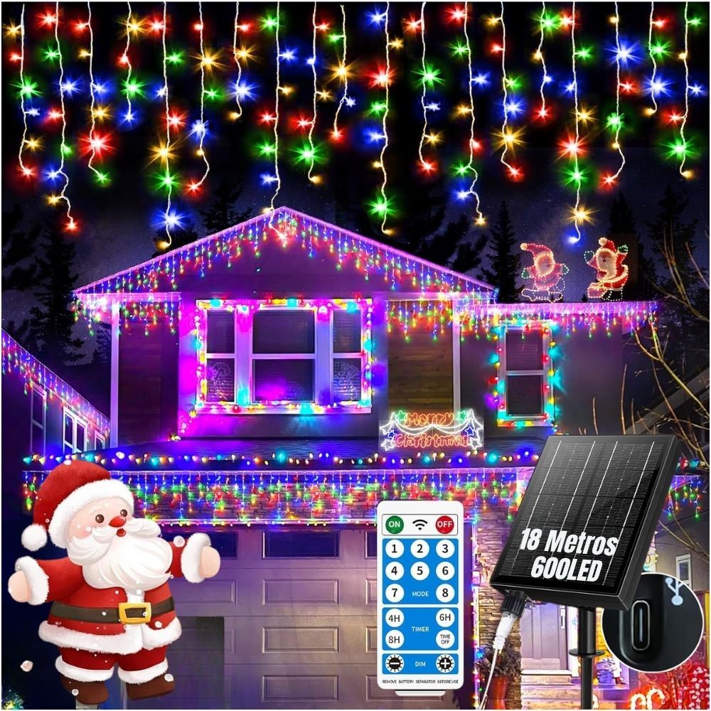 Luces Cortina Solar Multicolor 18m 600 LED con Control Remoto, 8 Modos, IP44 y Carga USB Tipo C