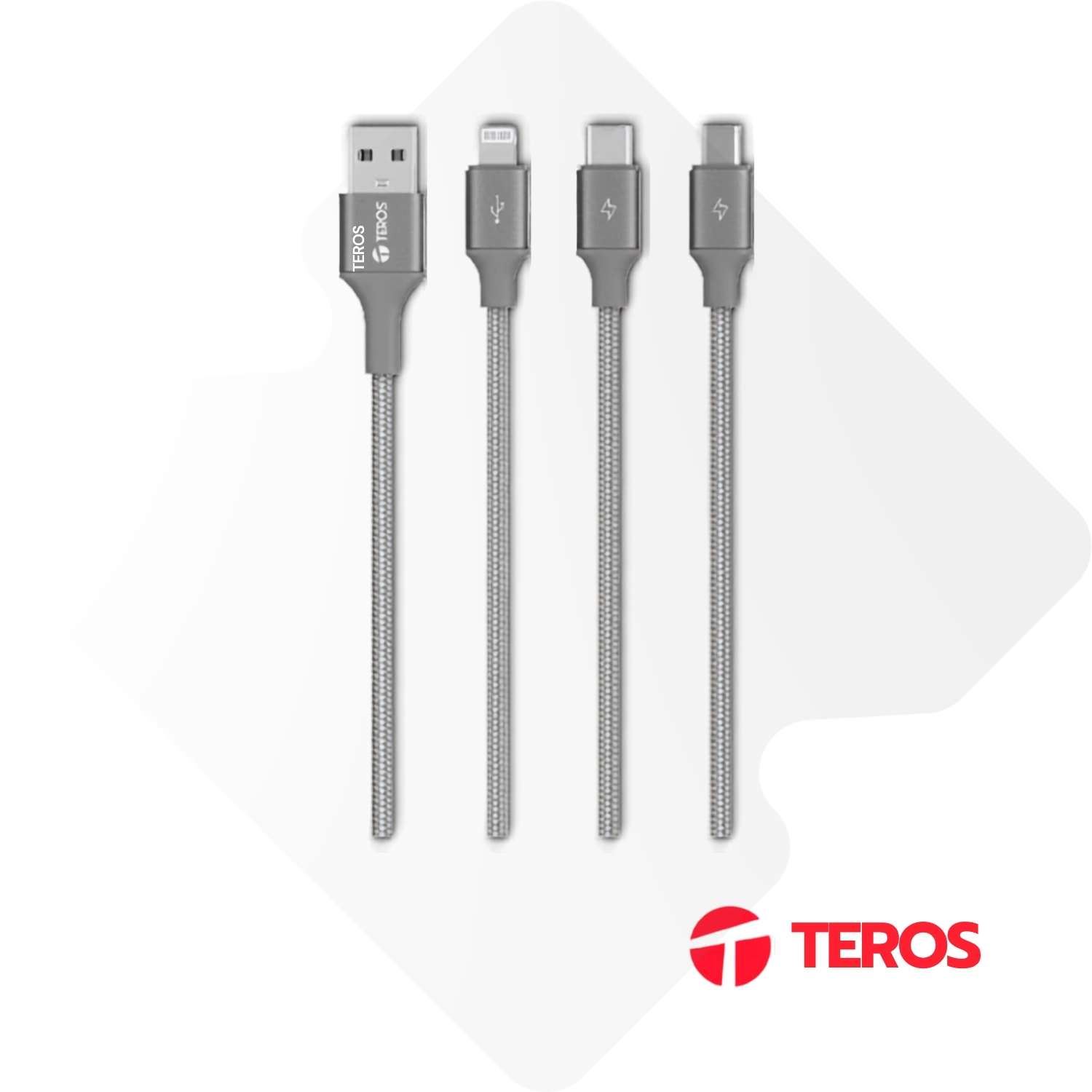 Cable de Carga 3 en 1 Teros TE-70210W USB-A a Tipo C Lightning Micro USB Gris