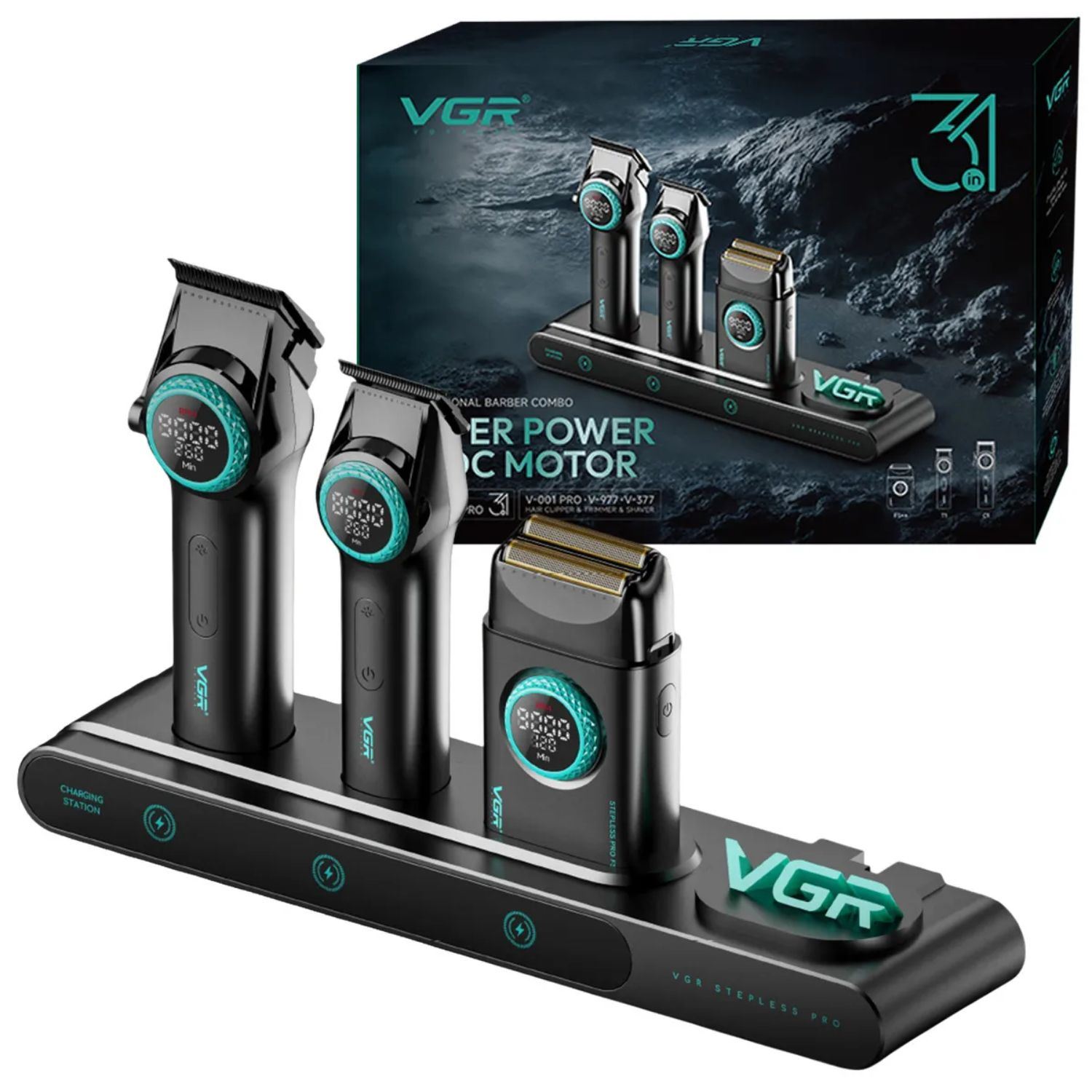 Kit Barbería Profesional VGR 3 En 1 Cortadora De Cabello Trimmer y Afeitadora Recargable