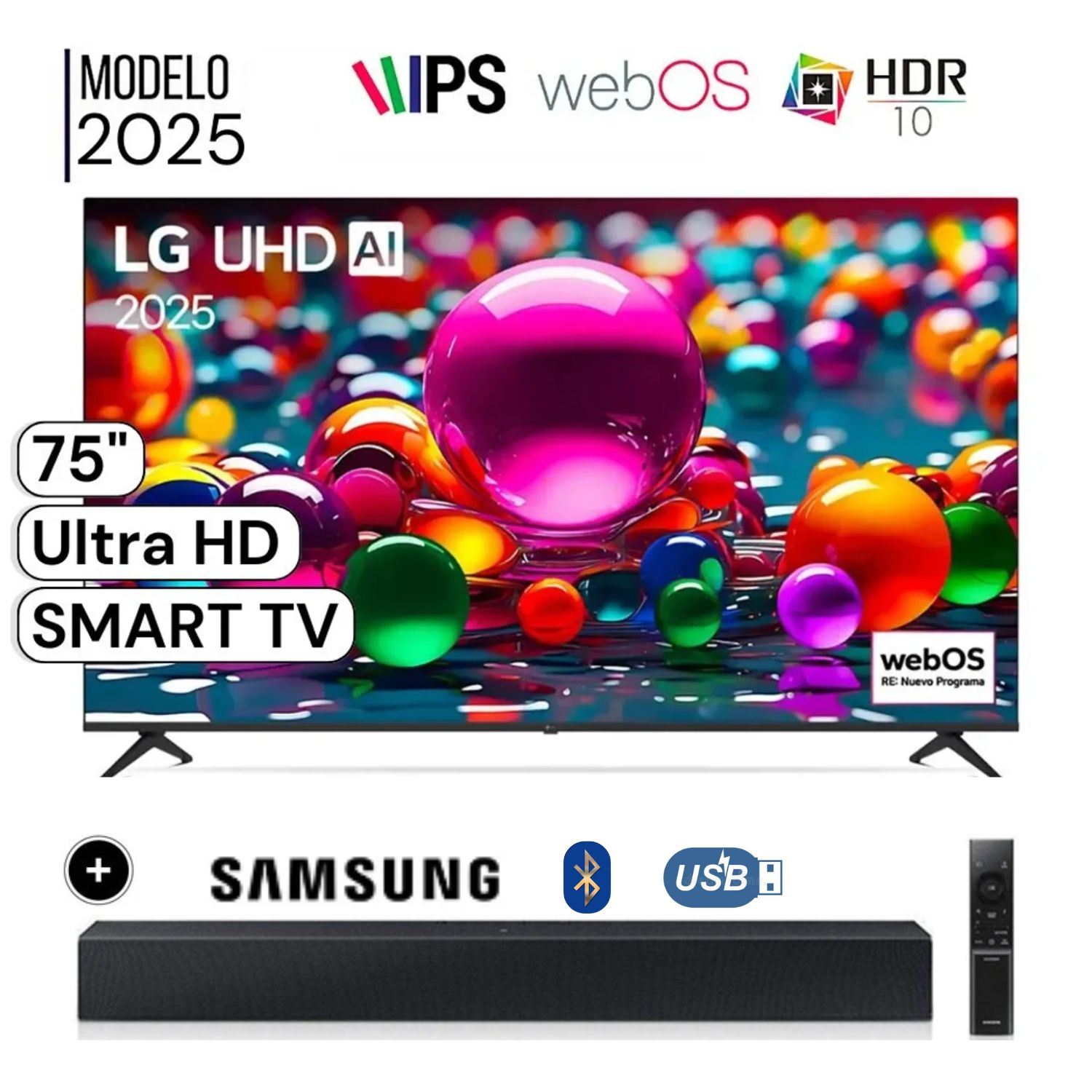Televisor LG 75" LED UHD 4K Smart TV ThinQ AI 75UA8000PSA + Soundbar HW-B400F