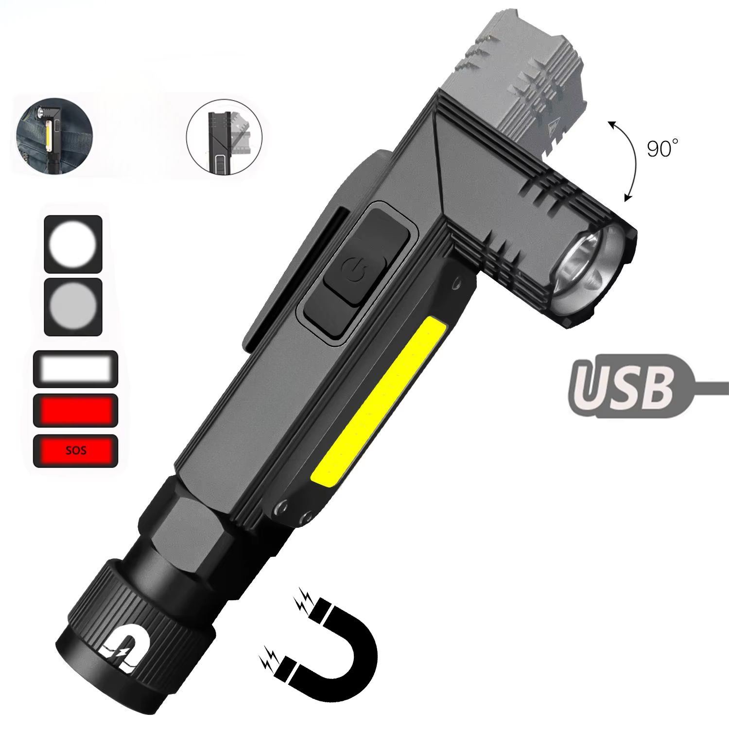 Linterna de Trabajo LED COB Magnética Recargable USB con Rotación 90° y 5 Modos de Luz