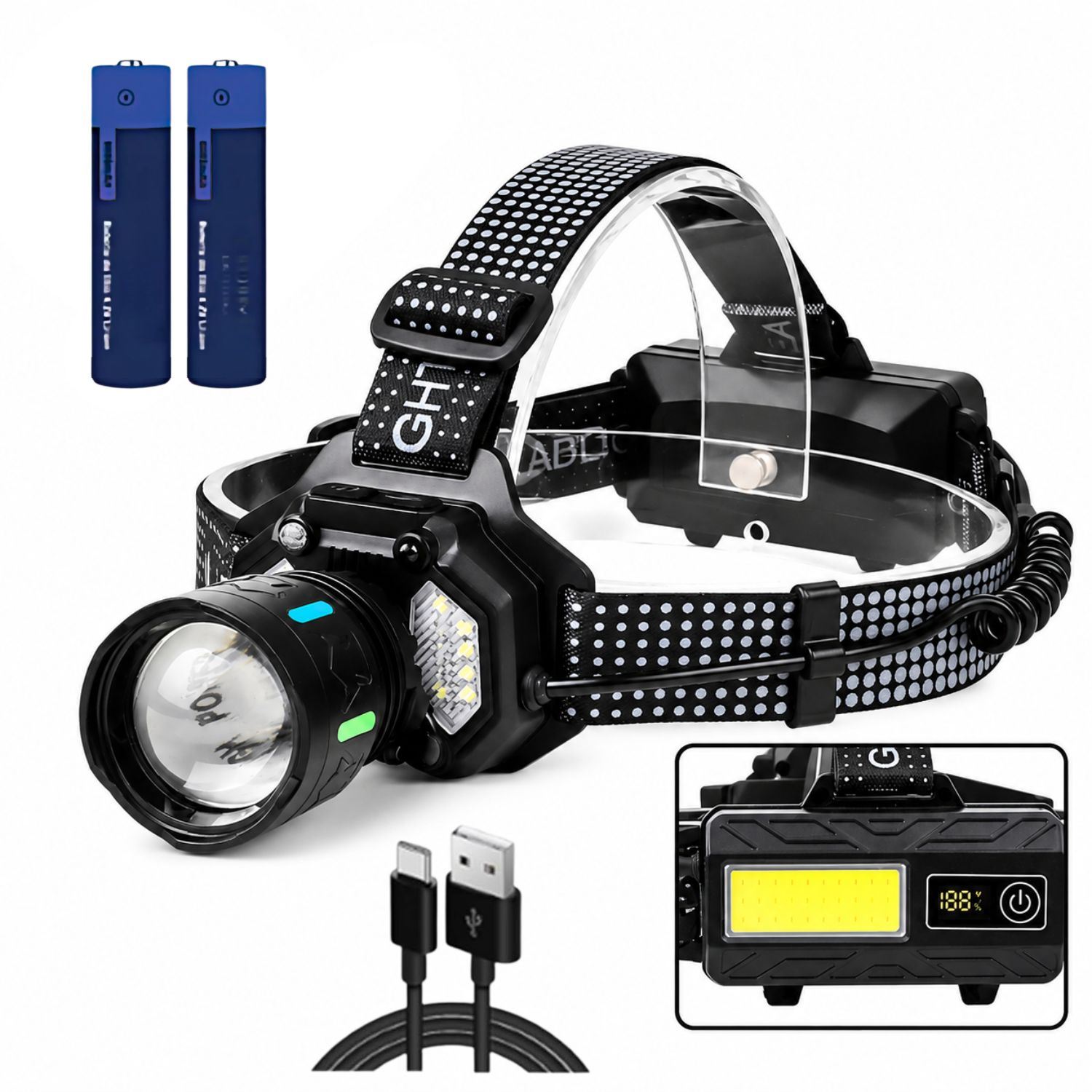Linterna Frontal Recargable 1200 Lúmenes Con Sensor Inteligente Zoom Ajustable Y Luz Trasera COB LED