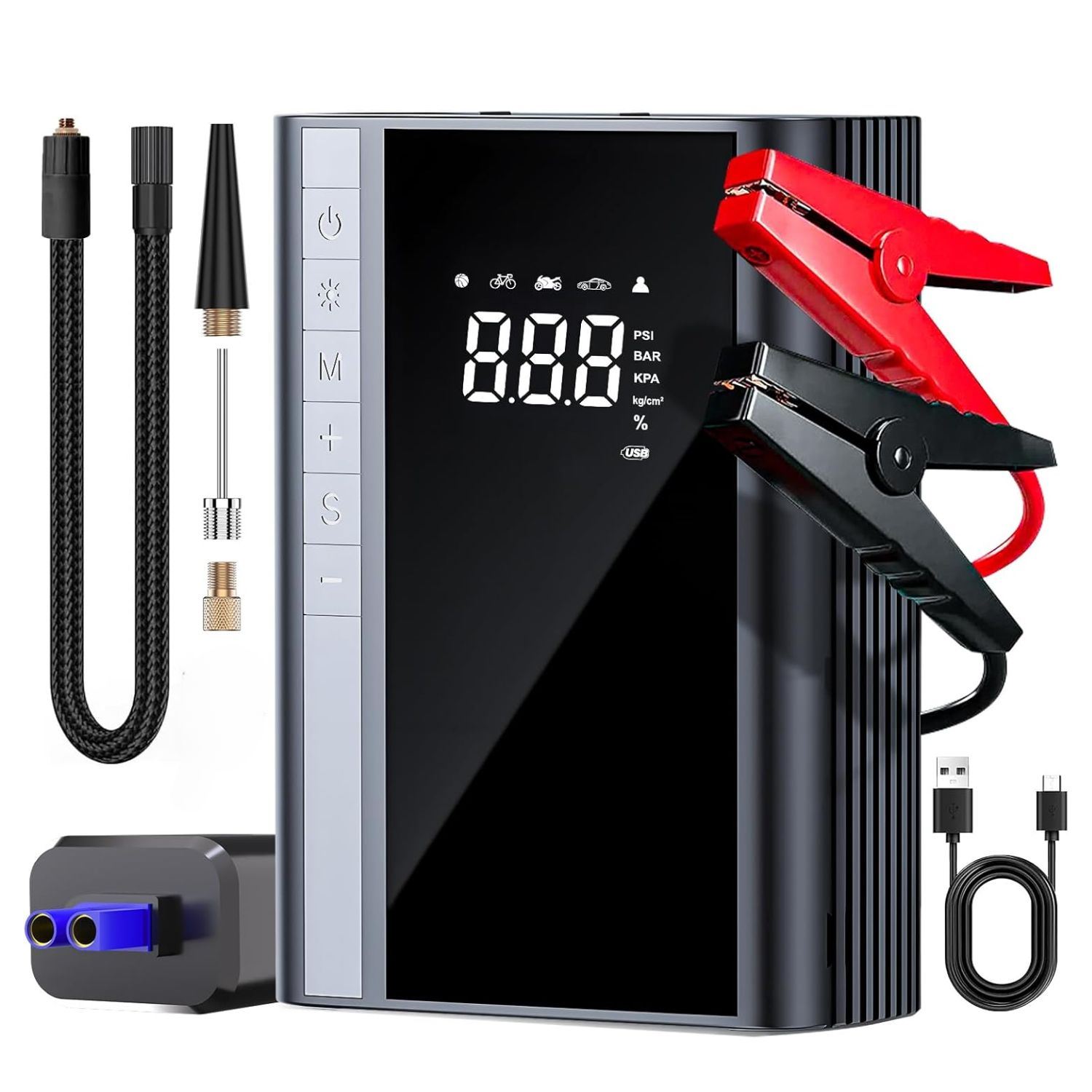 Arrancador de Baterías Portátil 1500A con Inflador Inteligente 150 PSI, Power Bank 10000mAh, USB Tipo C y Linterna LED de Emergencia