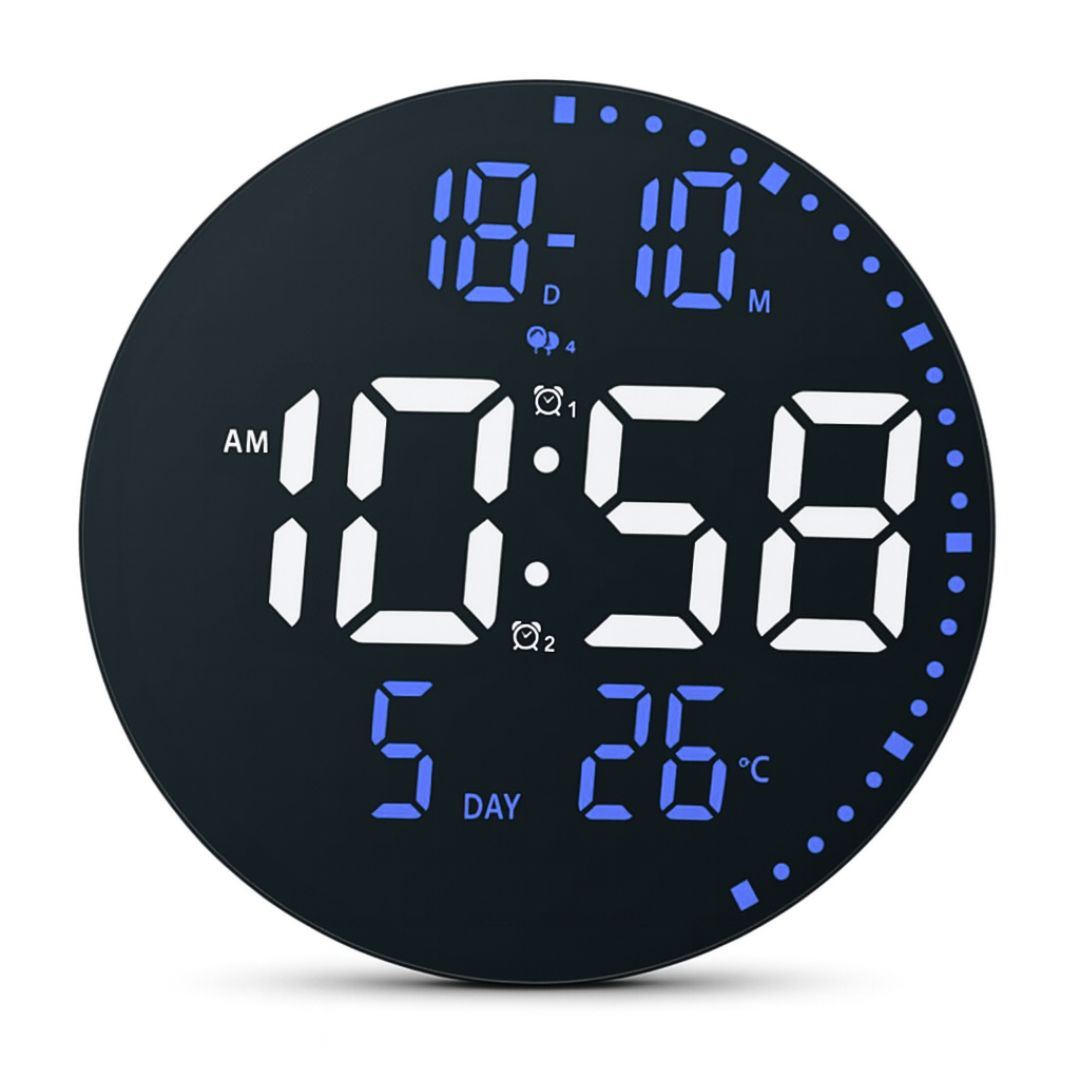 Reloj Digital LED Redondo 25 cm con Alarma, Fecha, Temperatura, Brillo Ajustable y Control Remoto