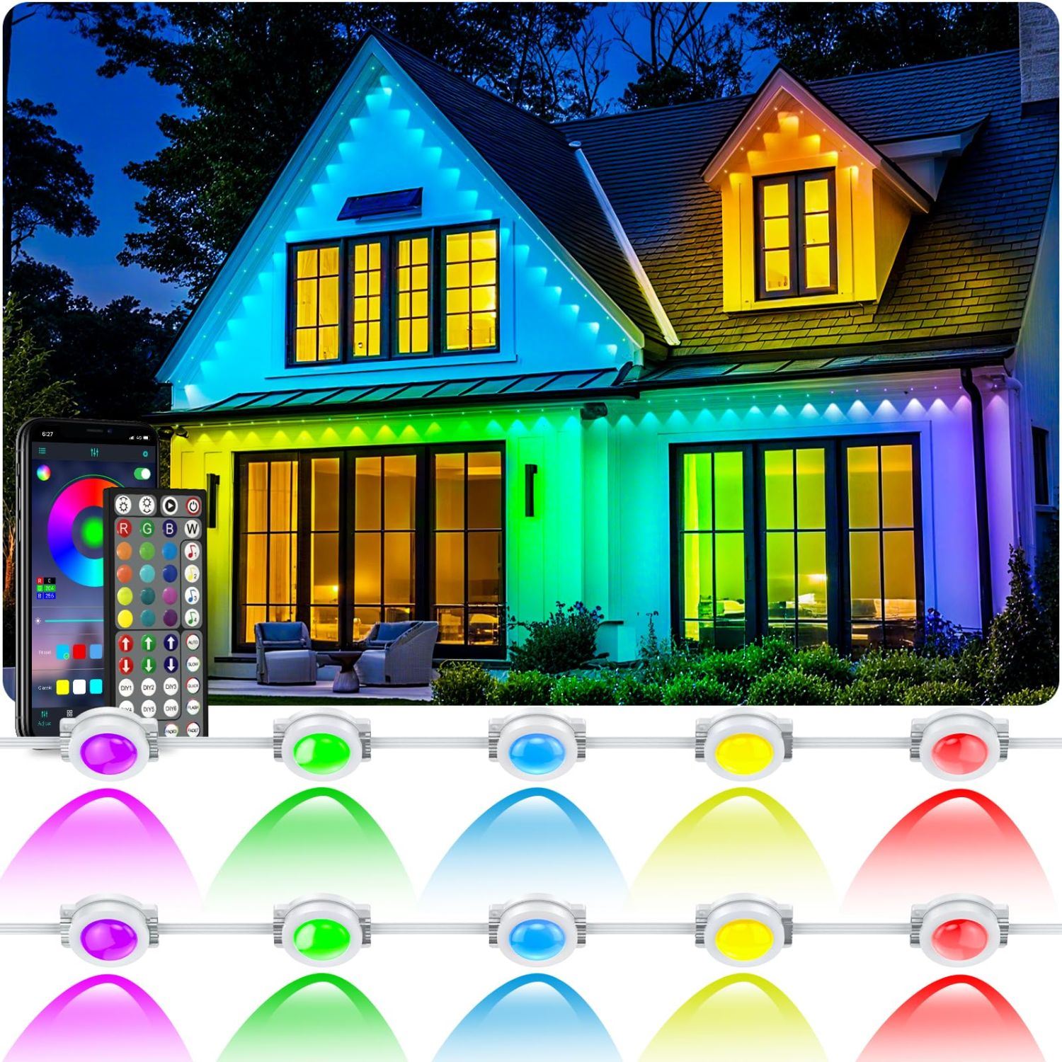 Luces LED RGB Permanentes para Exterior 15m con App, Música, IP67, Temporizador y Conexión en Serie para Techos y Fachadas