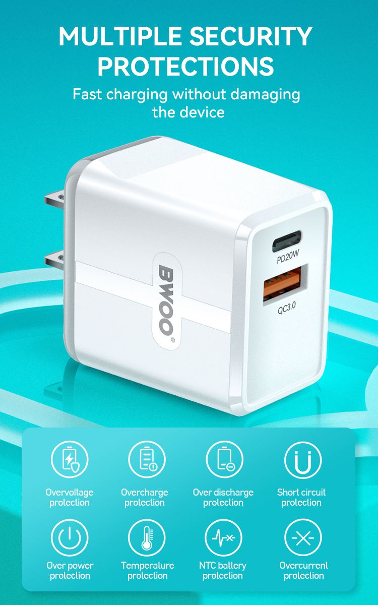 CARGADOR DE PARED RÁPIDO 20W,DUAL PORT 2 USB-C Y USB-A BO-CDA178 BWOO