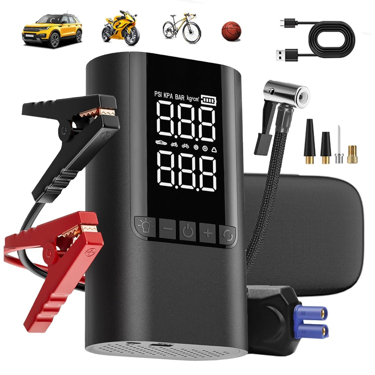 Arrancador de Batería Portátil 12V con Inflador Inalámbrico 150 PSI, Luz LED y Power Bank 10000mAh para Auto y Moto BR12