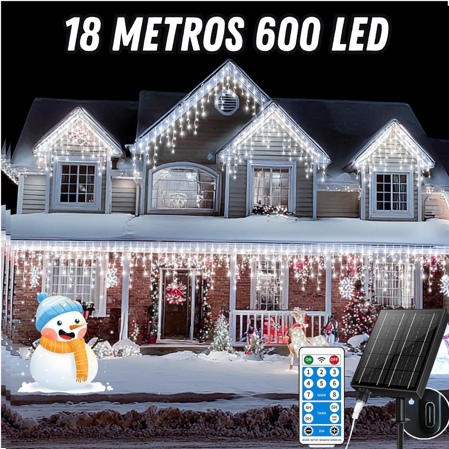 Luces de Navidad Solares Tipo Cascada 18M 600 LED Blanco – Guirnalda Impermeable con Control Remoto y Carga USB