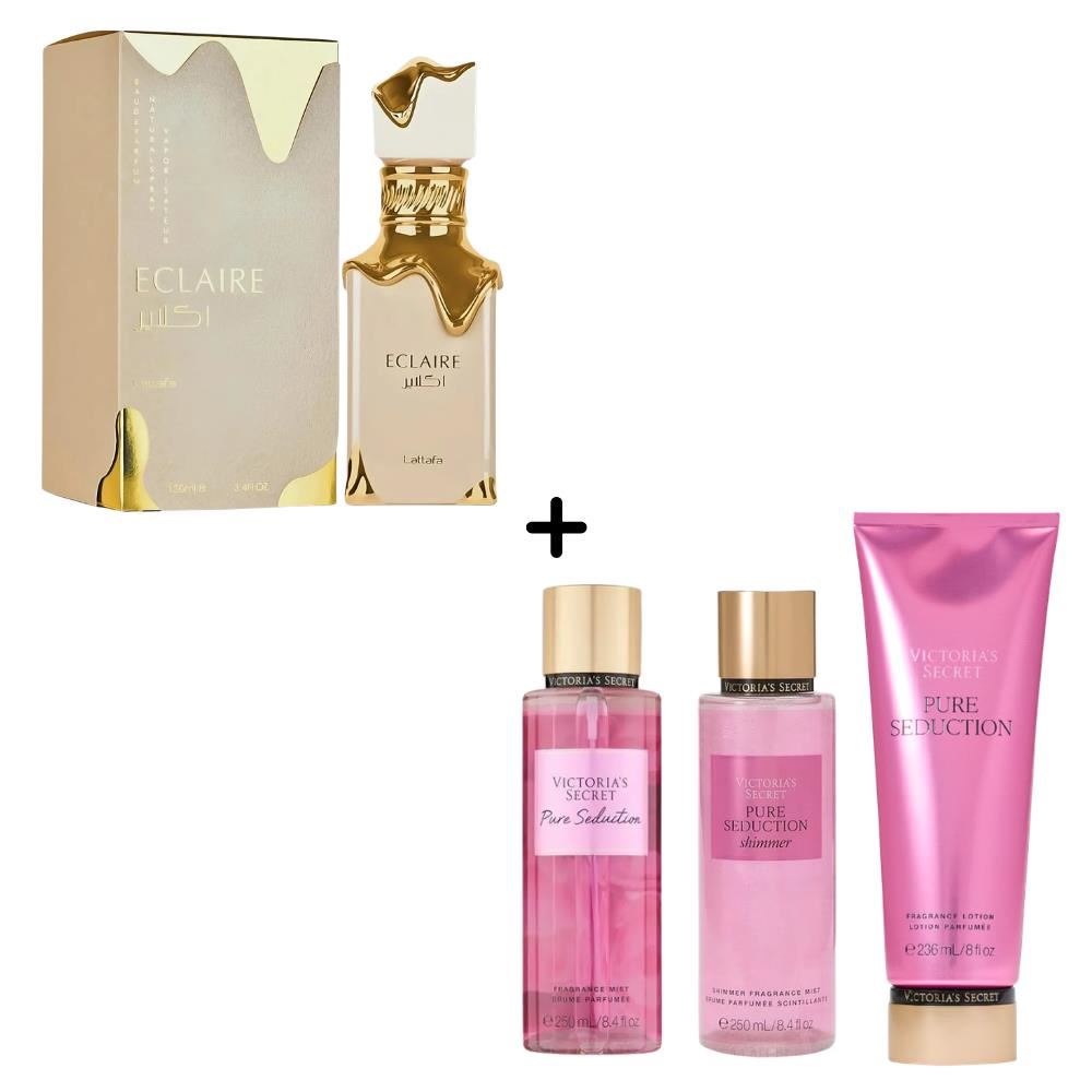 Eclaire Lattafa 100ml + Pack x3 Victoria's Secret Pure Seduction