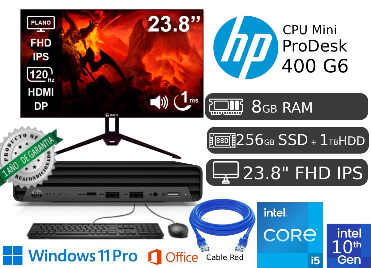CPU Mini Hp 400 G6 Ci5 10ma gen 8GB RAM 256GB SSD + 1TB Hdd EXT + Monitor Nuevo 23.8 + Cable Red