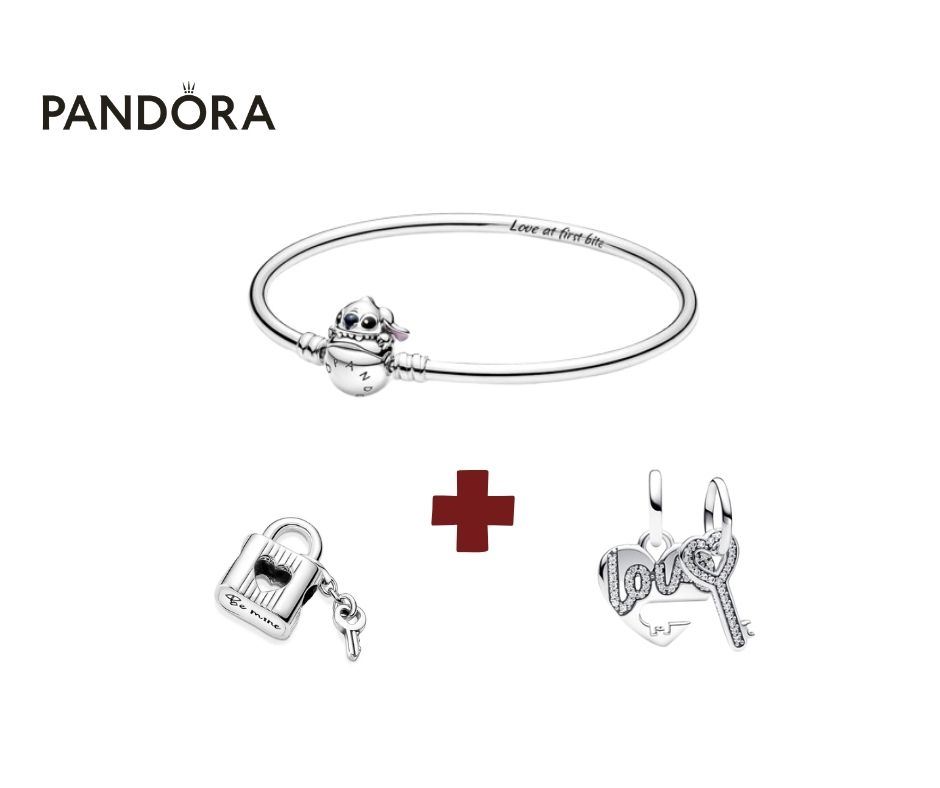 Pack Pandora: Brazalete Pandora Mordisco Stitch Talla:21 cm + 2 charms