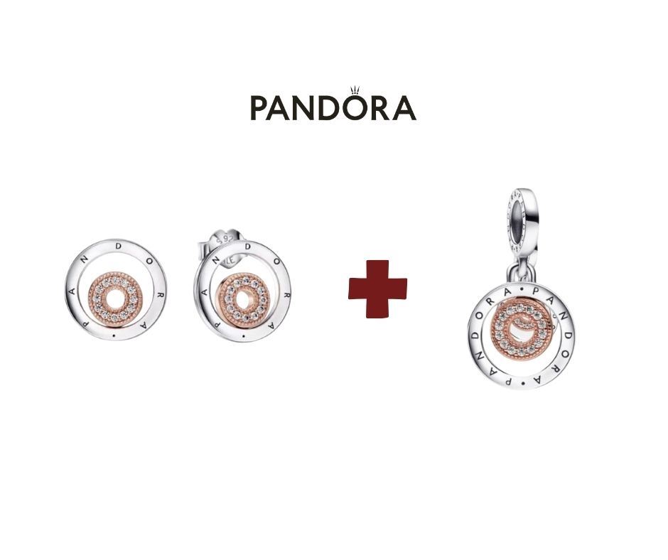 PACK PANDORA : Aretes Pandora circulo con logo + Charm Colgante Pandora Signature Circulos